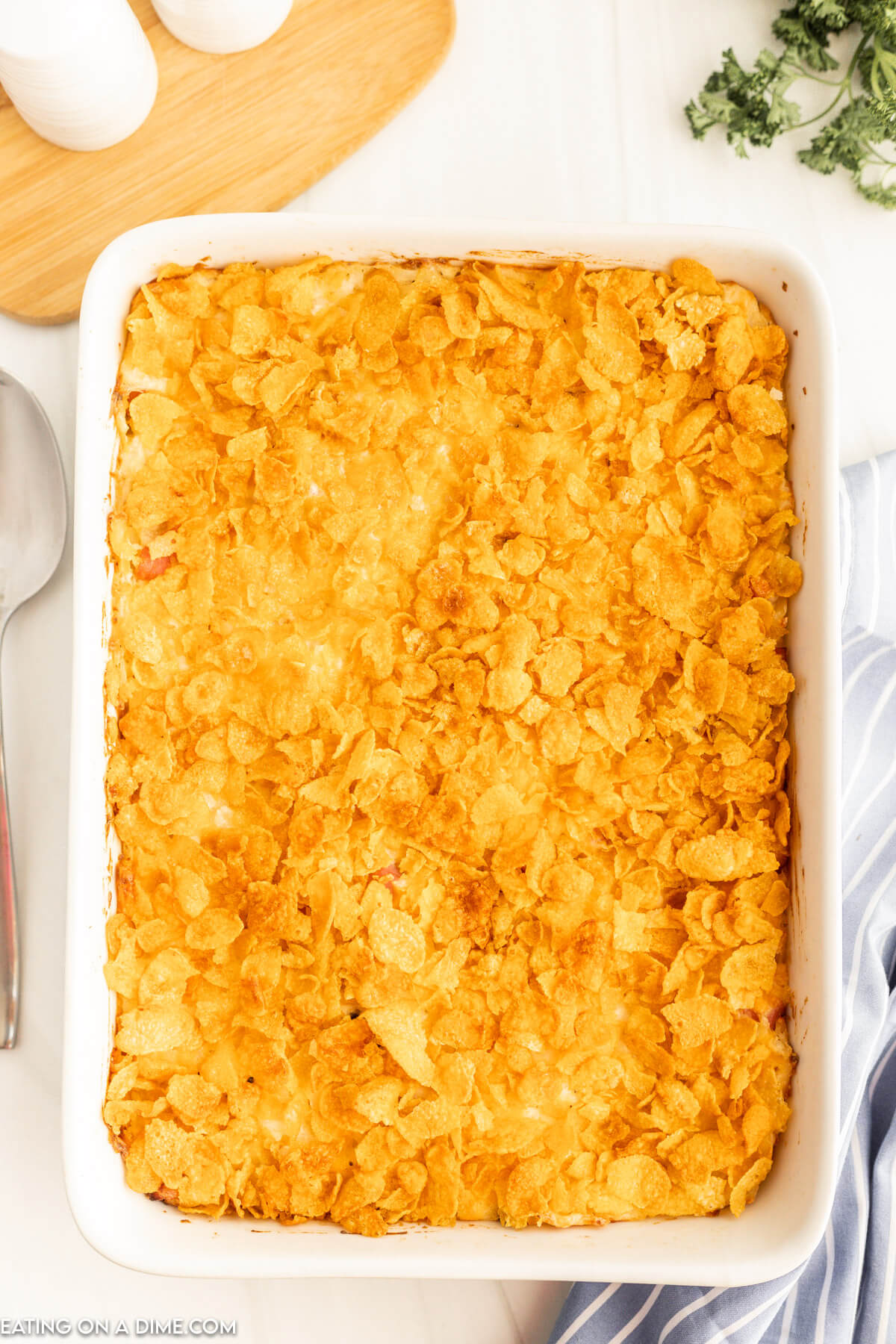 Funeral potatoes in a baking dish