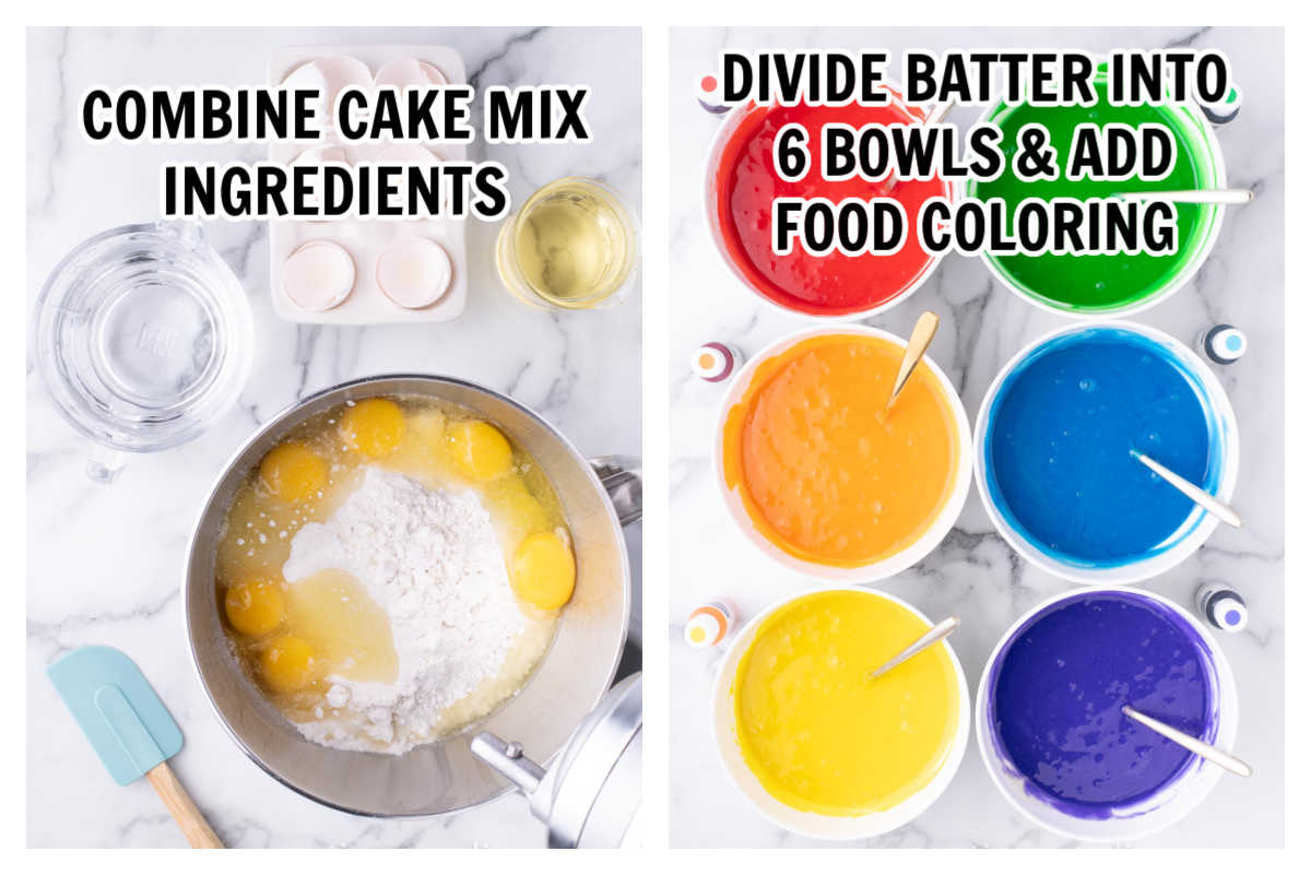 making the cake and dividing batter into bowls