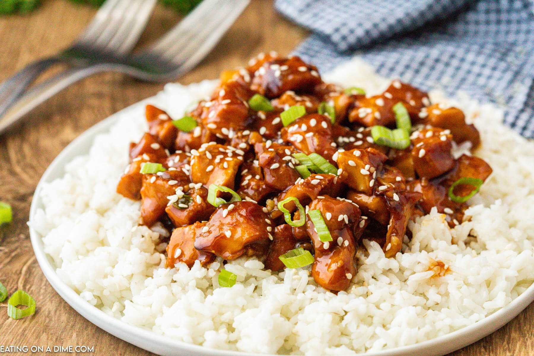 Orange Chicken over white rice on a plate