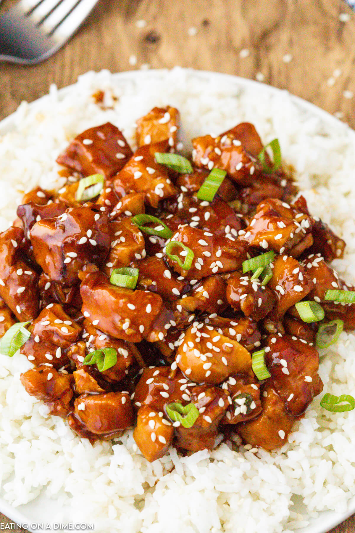 Orange Chicken over white rice on a plate