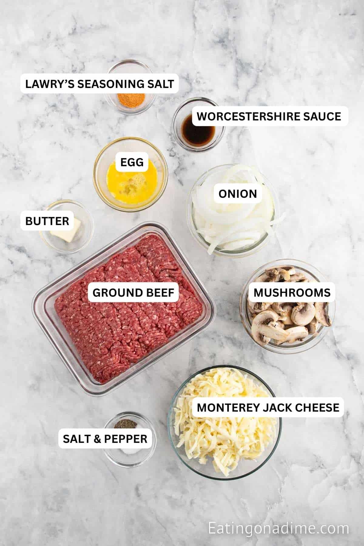 Ingredients for recipe: Lawry's seasoning salt, Worcestershire sauce, egg, onion, butter, ground beef, mushrooms, cheese, salt and pepper.