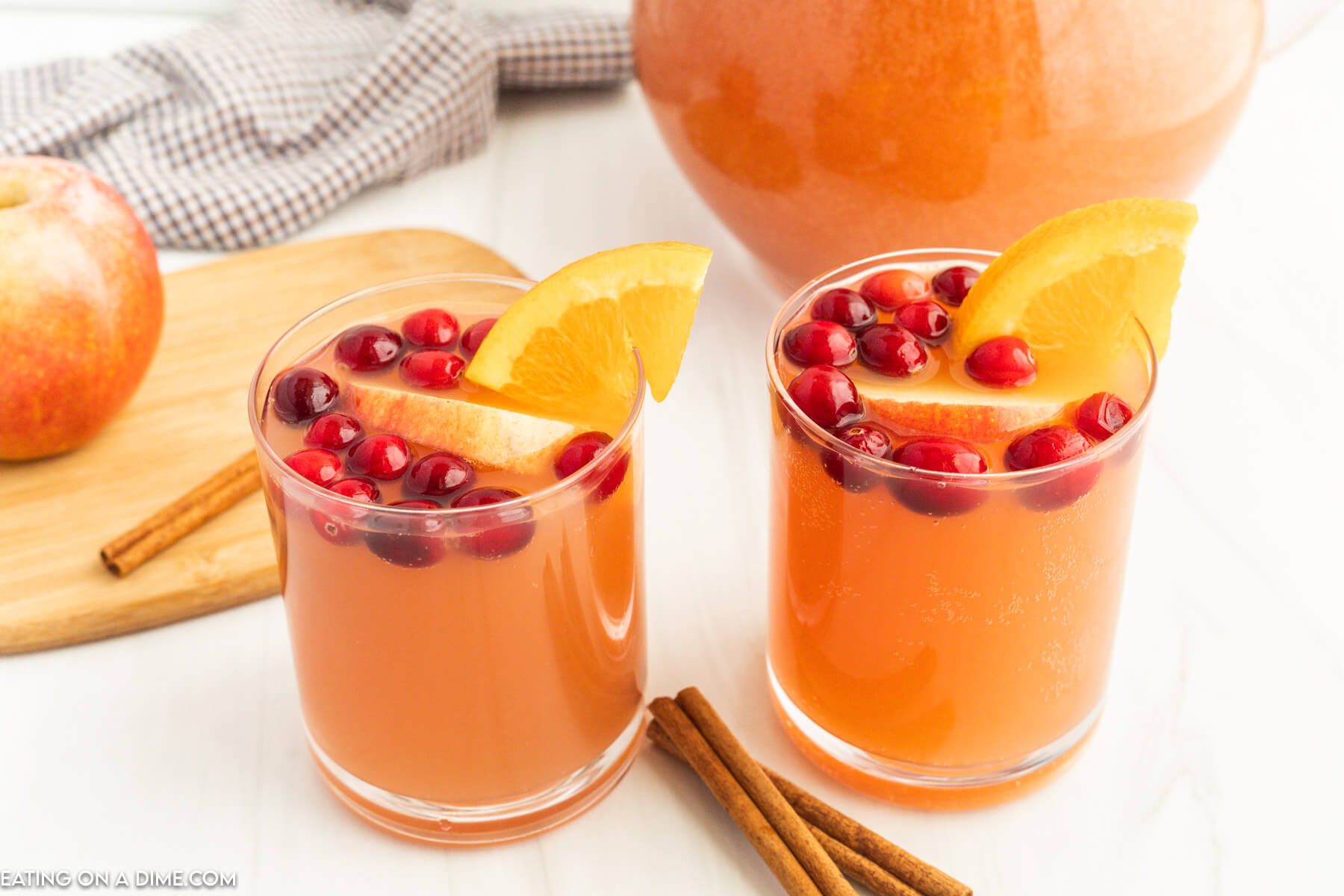 Thanksgiving Punch with cranberries, apple slices and orange slices with cinnamon sticks