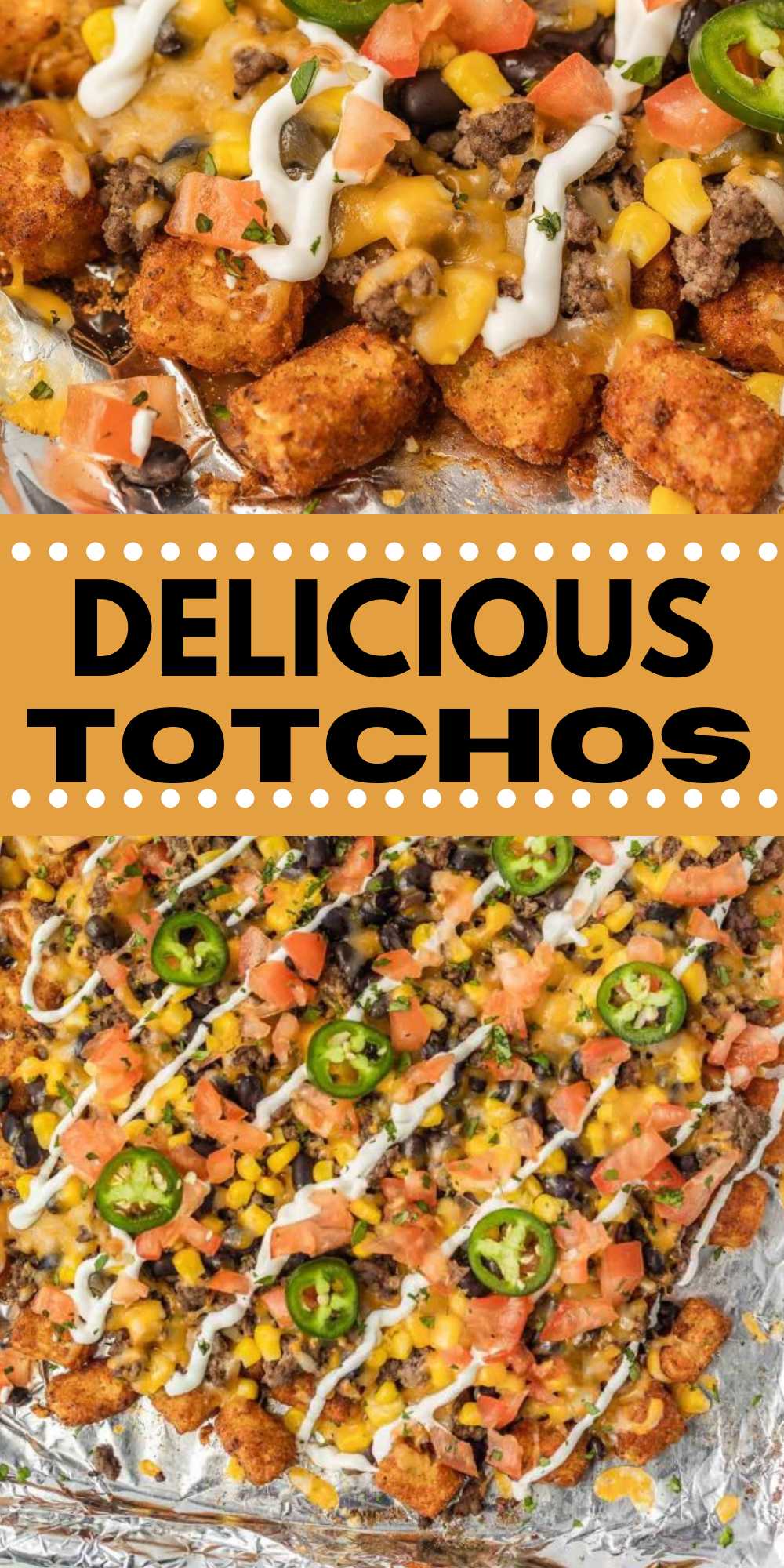This Totchos recipe is a family favorite. Crispy tater tots are topped with beef, cheese, and more. Make this appetizer for next gathering. The tots cook crispy giving this party food the best flavor and texture. The next time you need a delicious appetizer, make totchos. #eatingonadime #totchos #tatortotnachos