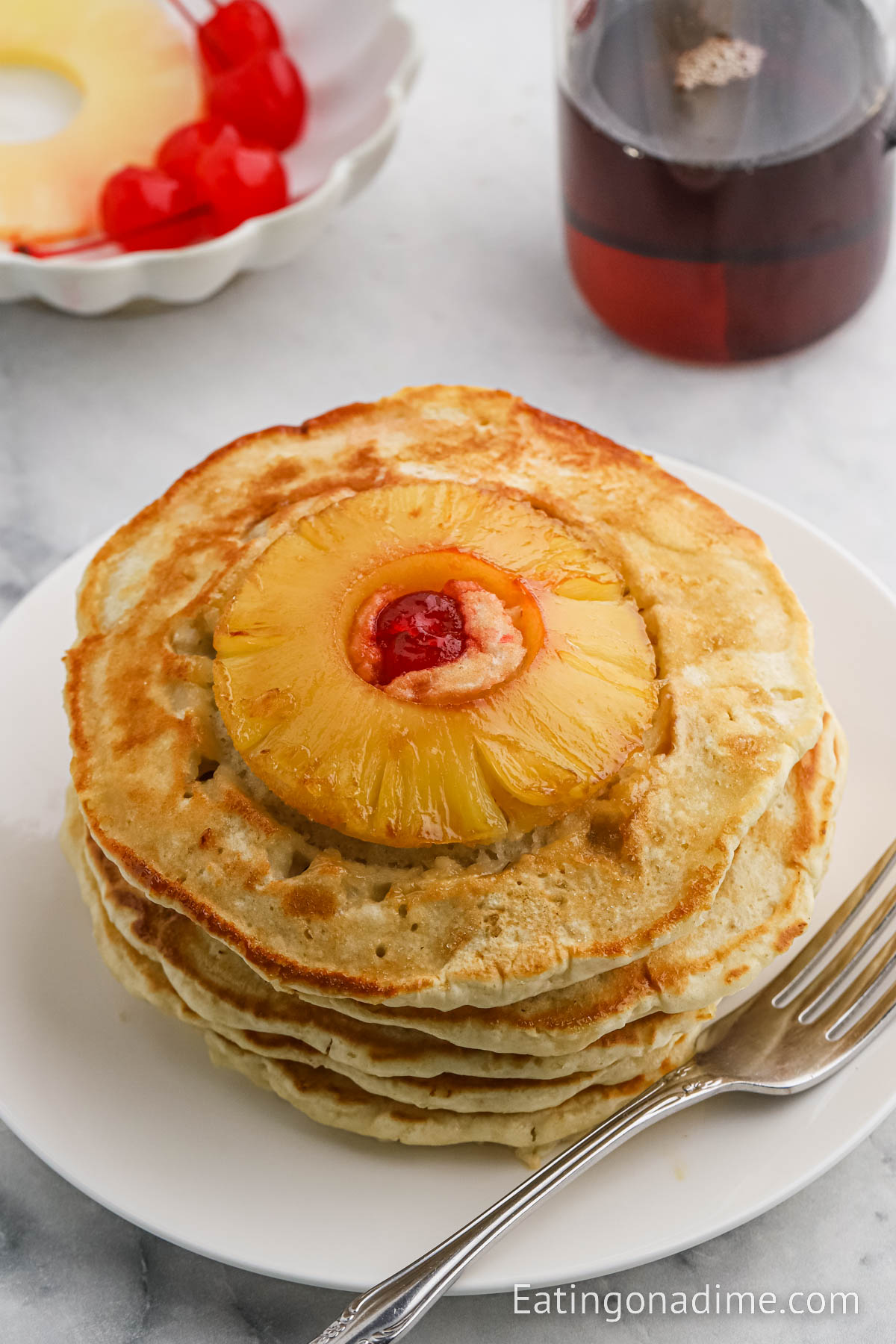 Close up image of pineapple upside down pancakes