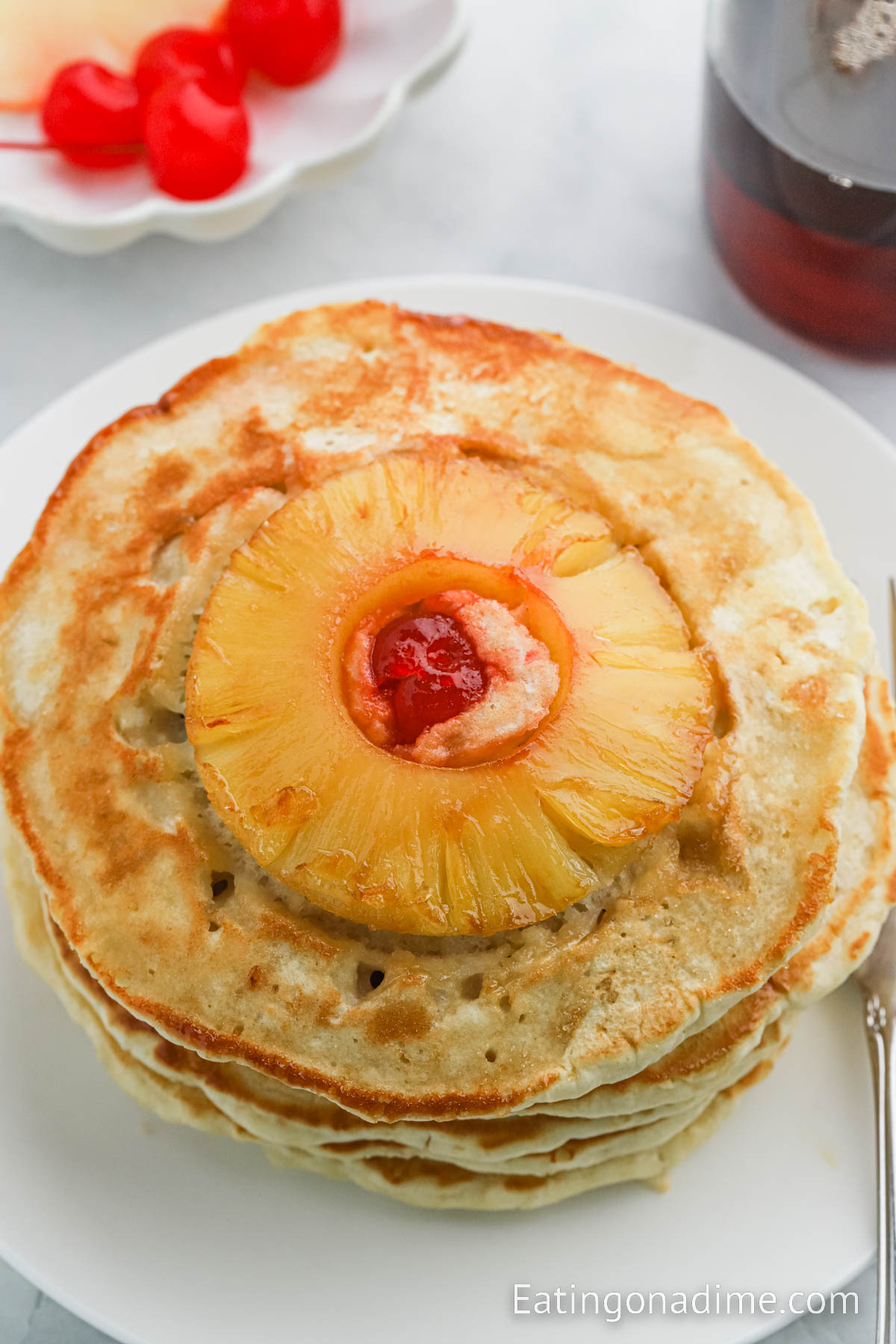Close up image of pineapple upside down pancakes