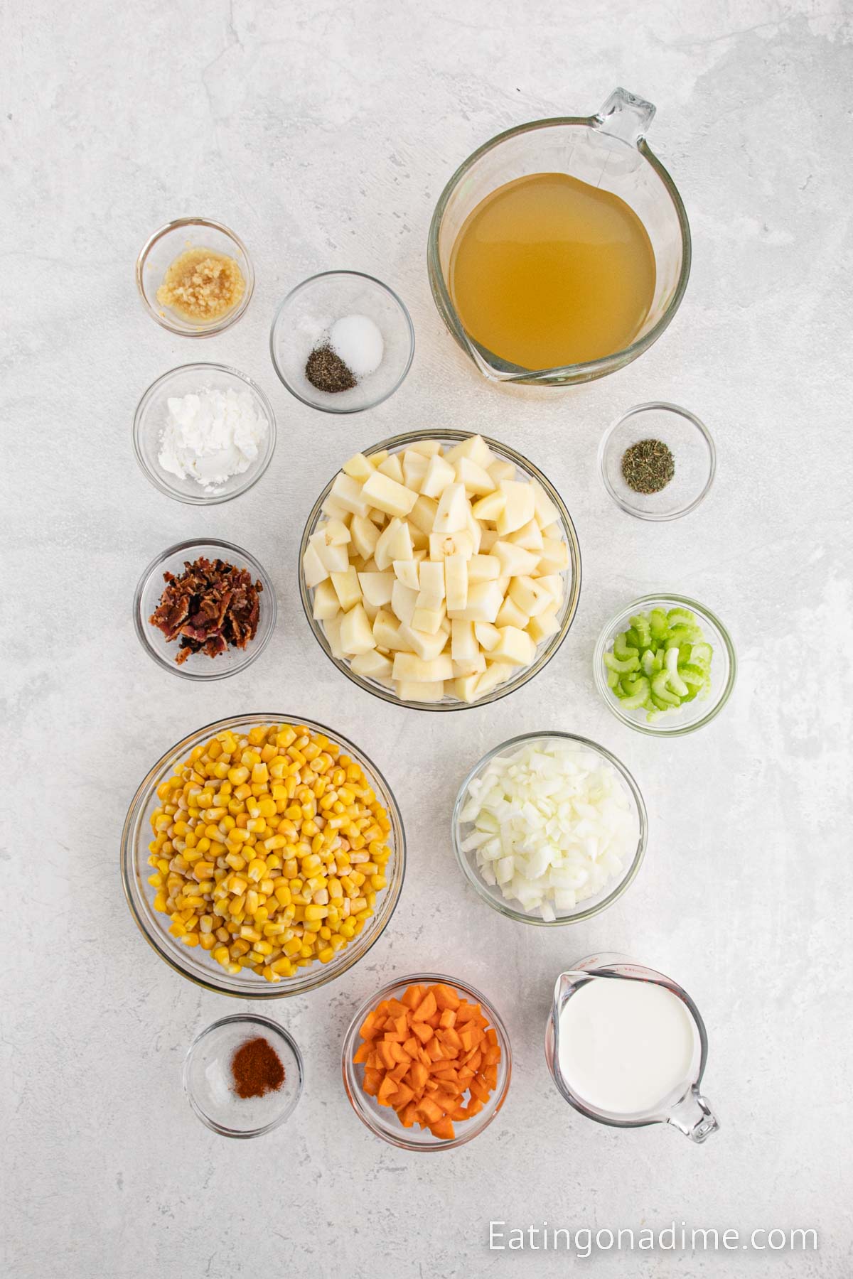 Ingredients needed to make potato and corn chowder soup