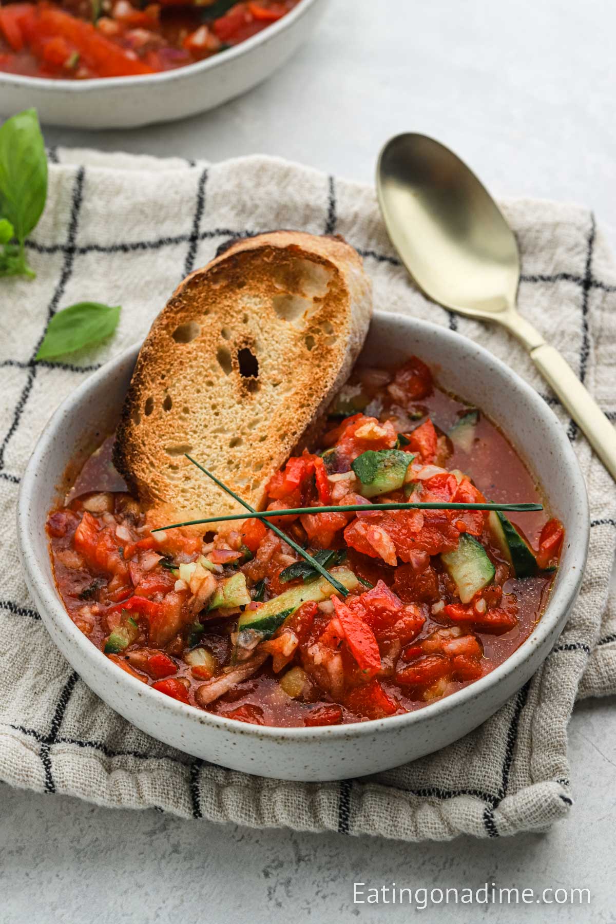 Close up image Ina Garten Gazpacho in a bowl with a side of french bread
