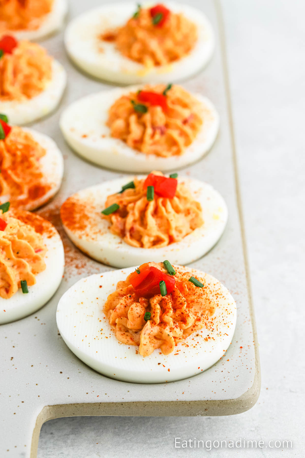 Pimento Cheese Deviled Eggs on a platter