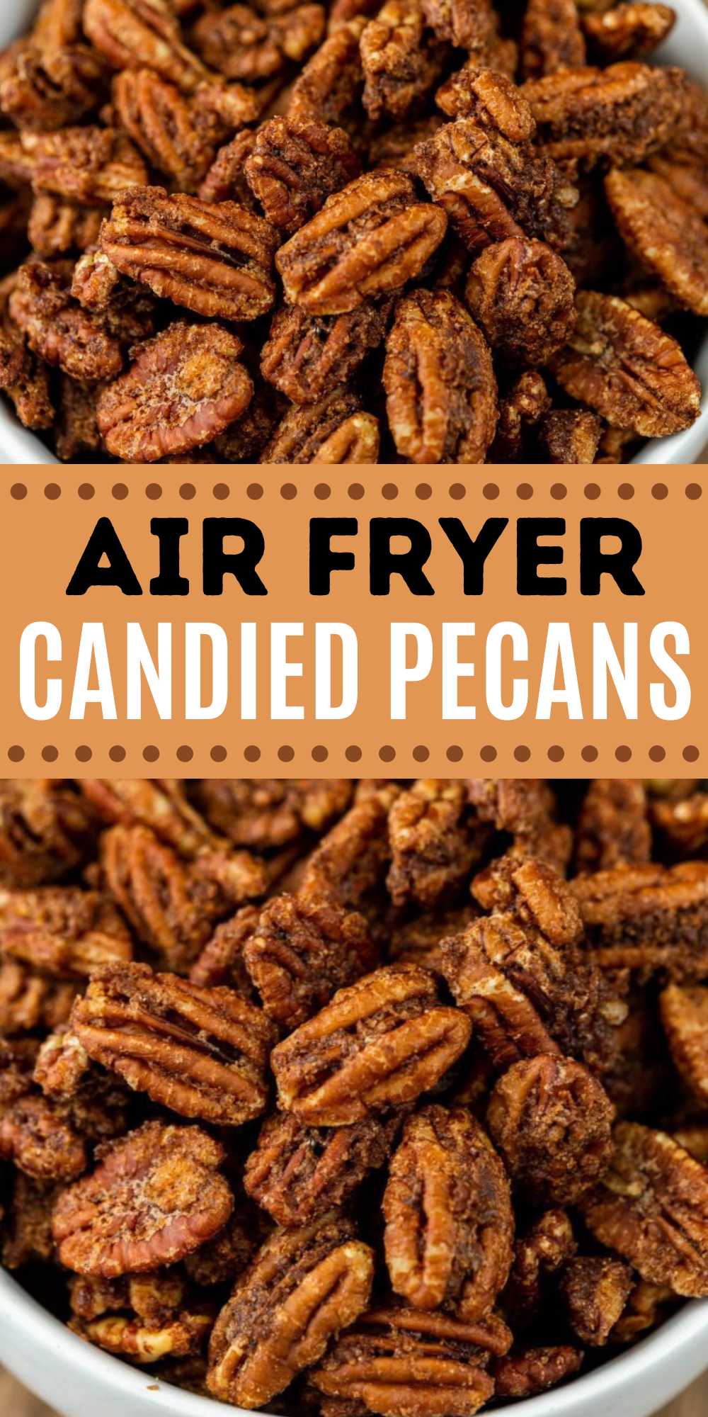 Air Fryer Candied Pecans is made with simple ingredients but they are packed with flavor. Add them to your yogurt, ice cream and more. The next time you are needing an easy snack or topping for your ice cream, make these candied pecans. We like to keep a mason jar on the counter to enjoy all week long. #eatingonadime #airfryercandiedpecans #candiedpecans