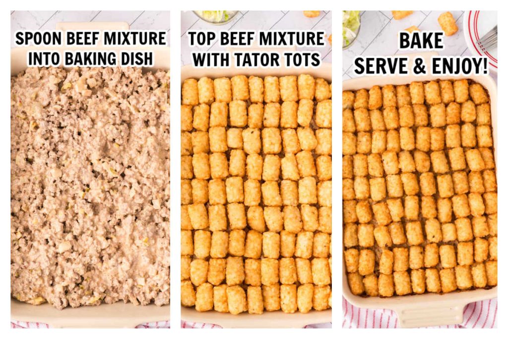 Layering the ground beef mixture in the casserole dish and topping with tater tots