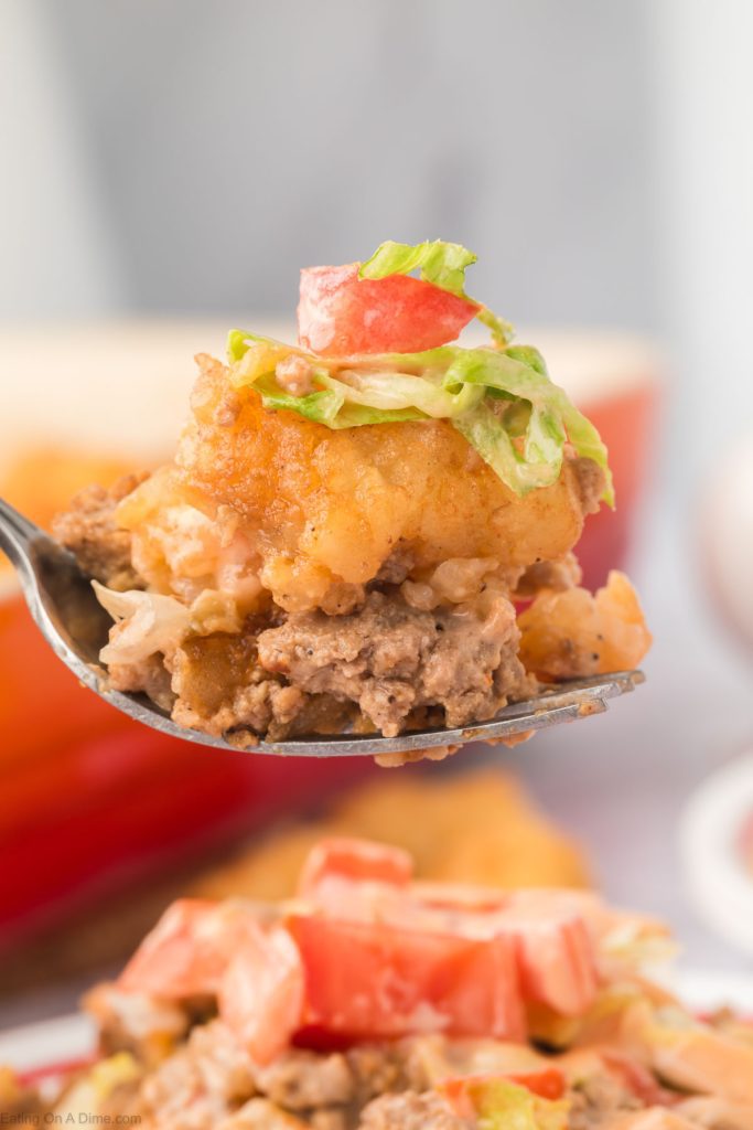 Big Mac Tater Tot Casserole with a serving on a fork