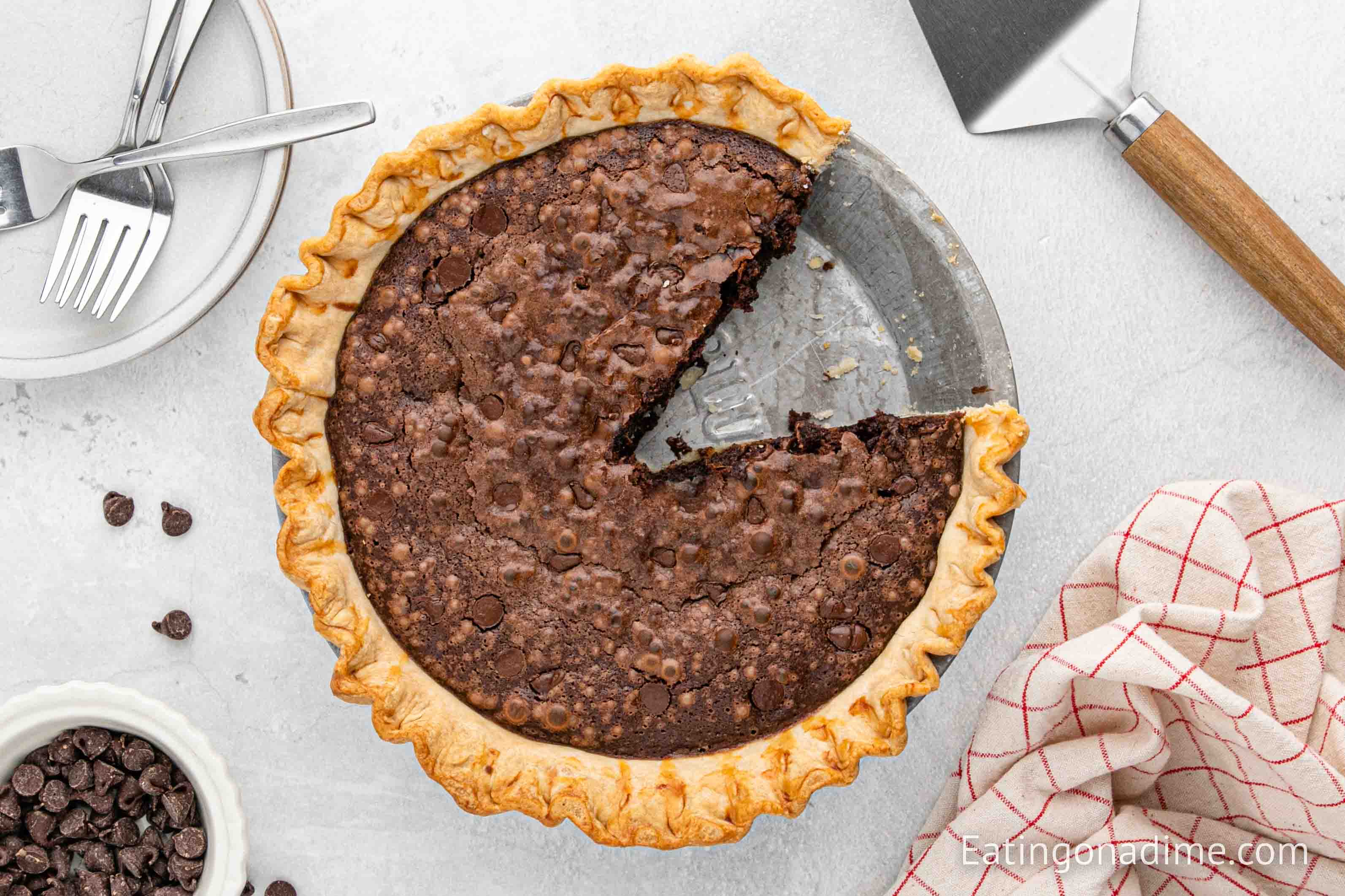 Close up image of Brownie Pie with a slice missing