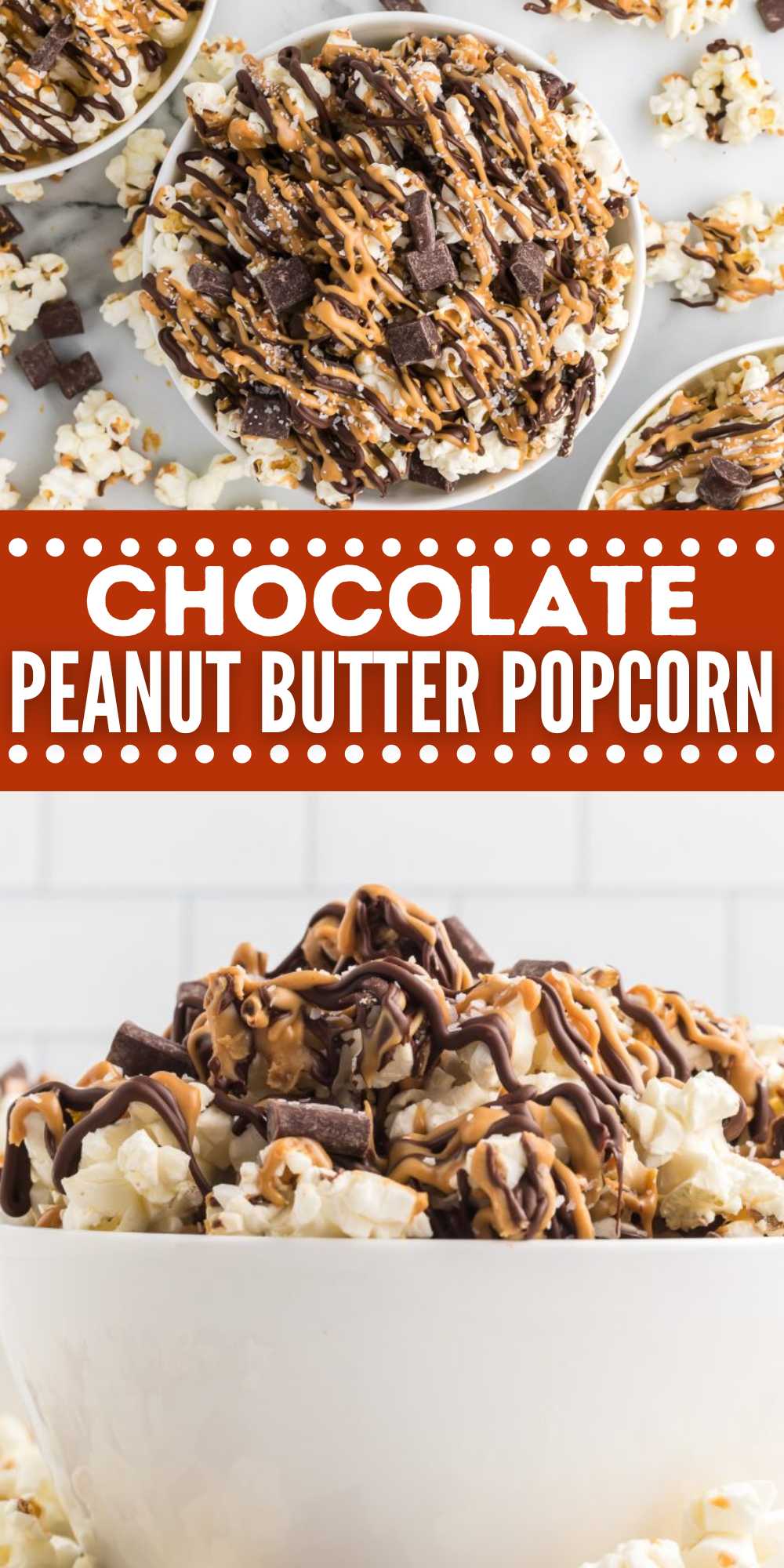 If you are needing a fun and easy snack, make Chocolate Peanut Butter Popcorn. Loaded with sweet and salty flavor that is always delicious. This sweet treat is budget friendly and perfect for any occasion. Feel free to add different chocolate chips or candy to make it your own. This popcorn mixture would also make the perfect holiday gift. #eatingonadime #chocolatepeanutbutterpopcorn #popcornrecipe