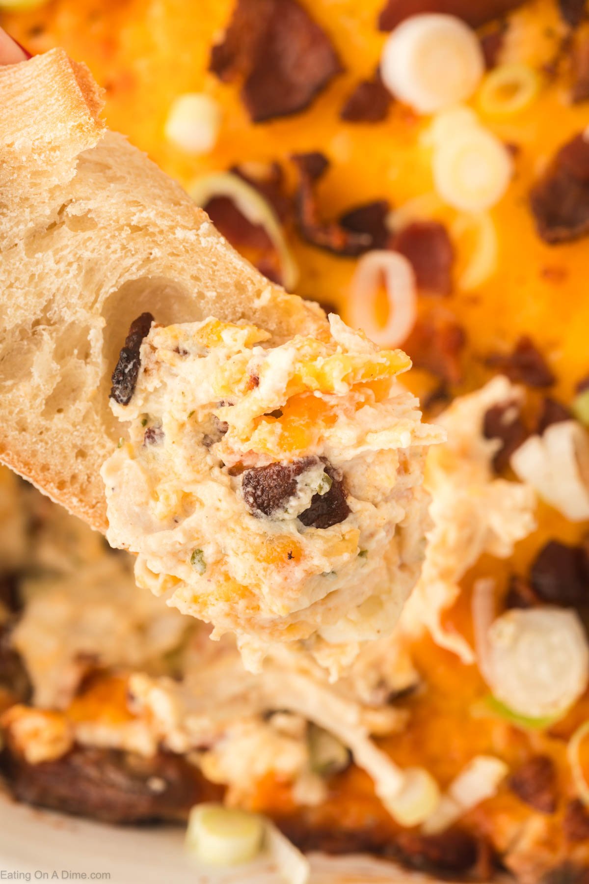 Crack Chicken Dip in a baking dish with a bite on a french bread