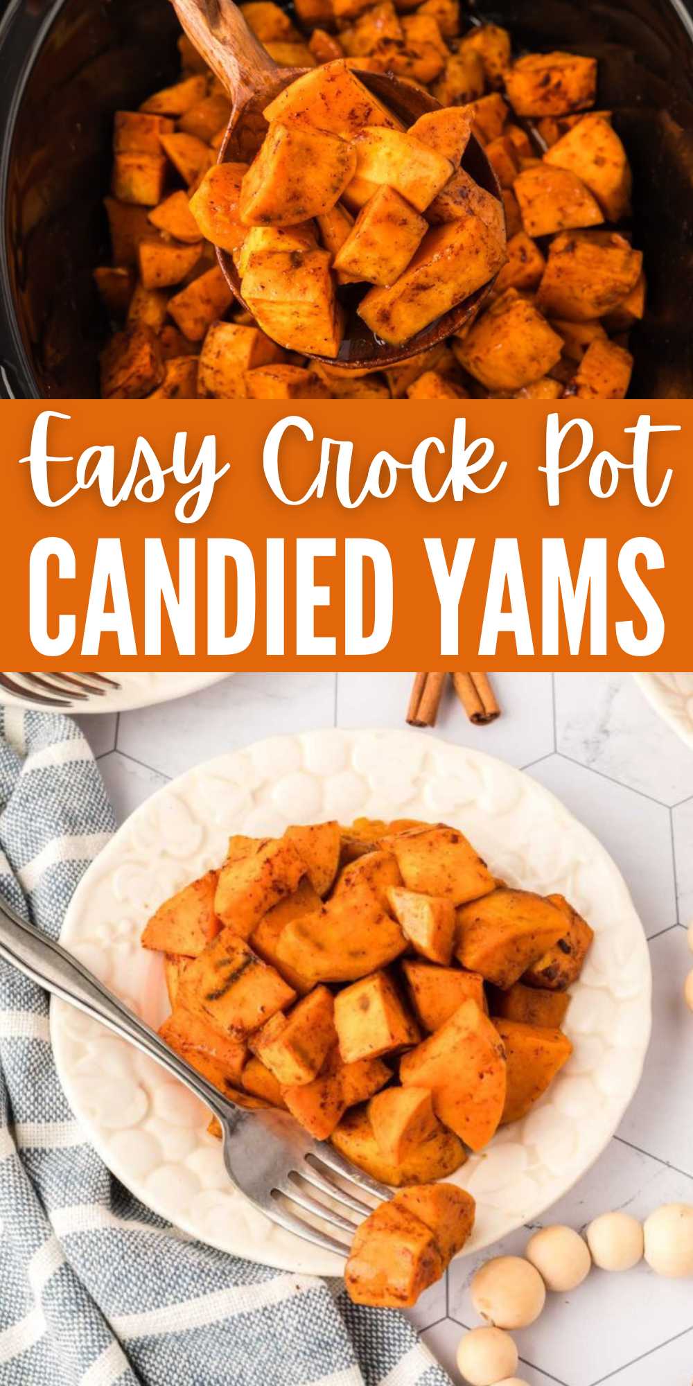 Make Crock Pot Candied Yams this holiday to save oven space. The slow cooker cooks the candied yams and keeps them warm while serving. These yams are perfect for the holidays, but we have even made them through out the year. These easy instructions will allow you to have more family time. #eatingonadime #crockpotcandiedyam #candiedyams