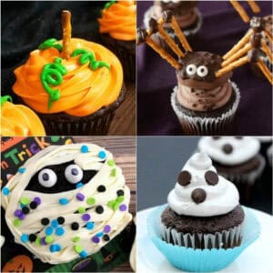4 Halloween cupcakes in a collage image.