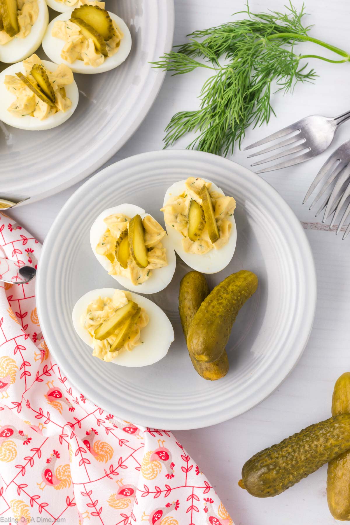 Dill pickle eggs on a platter 