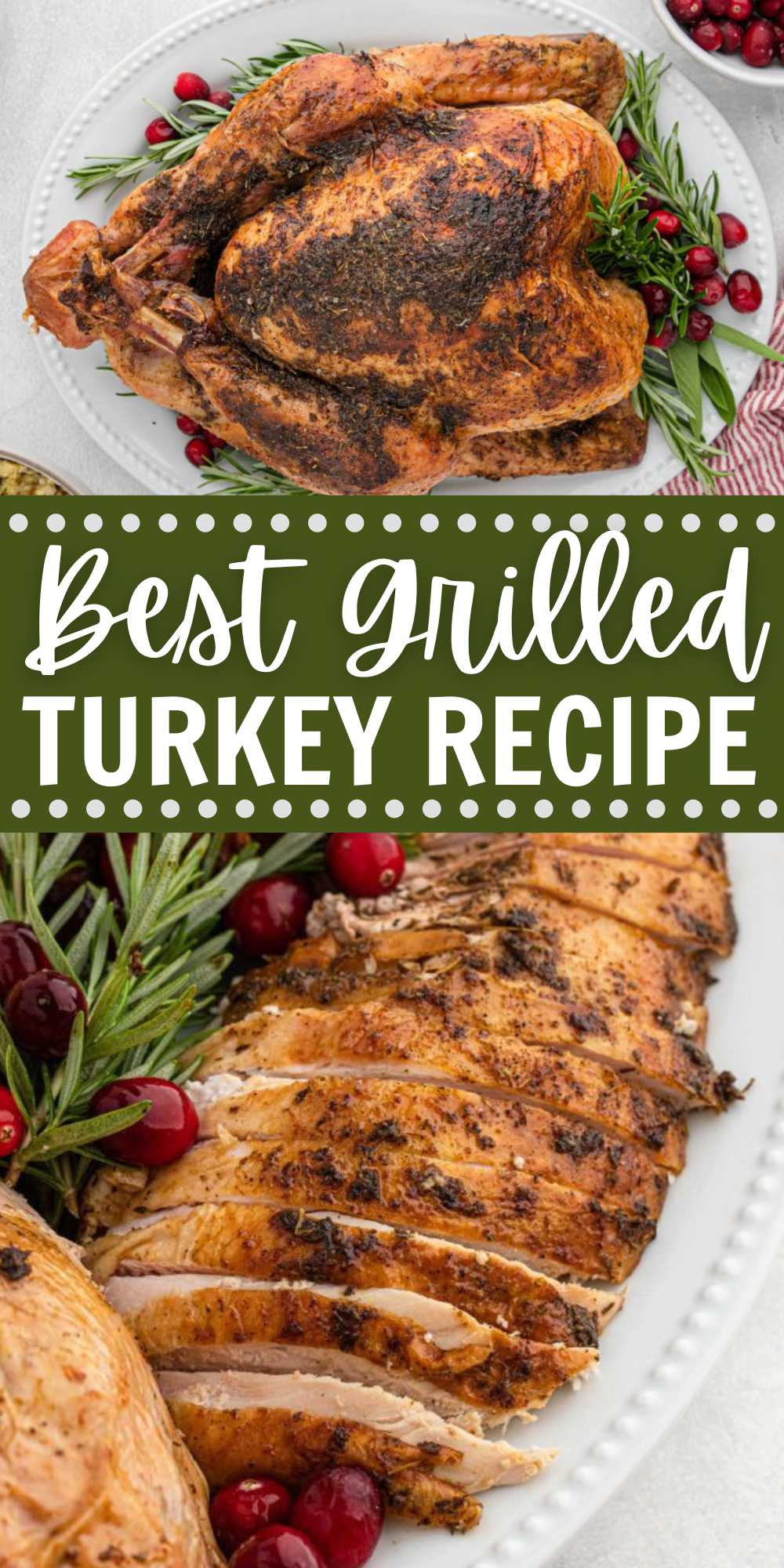 Take your Thanksgiving turkey to the next level and make Grilled Turkey. Simple seasoning makes this turkey so flavorful. We enjoy making our turkey on the grill so much that we make it throughout the year. We love to use the leftover turkey for sandwiches, casseroles and more. #eatingonadime #grilledturkey #turkeyrecipe