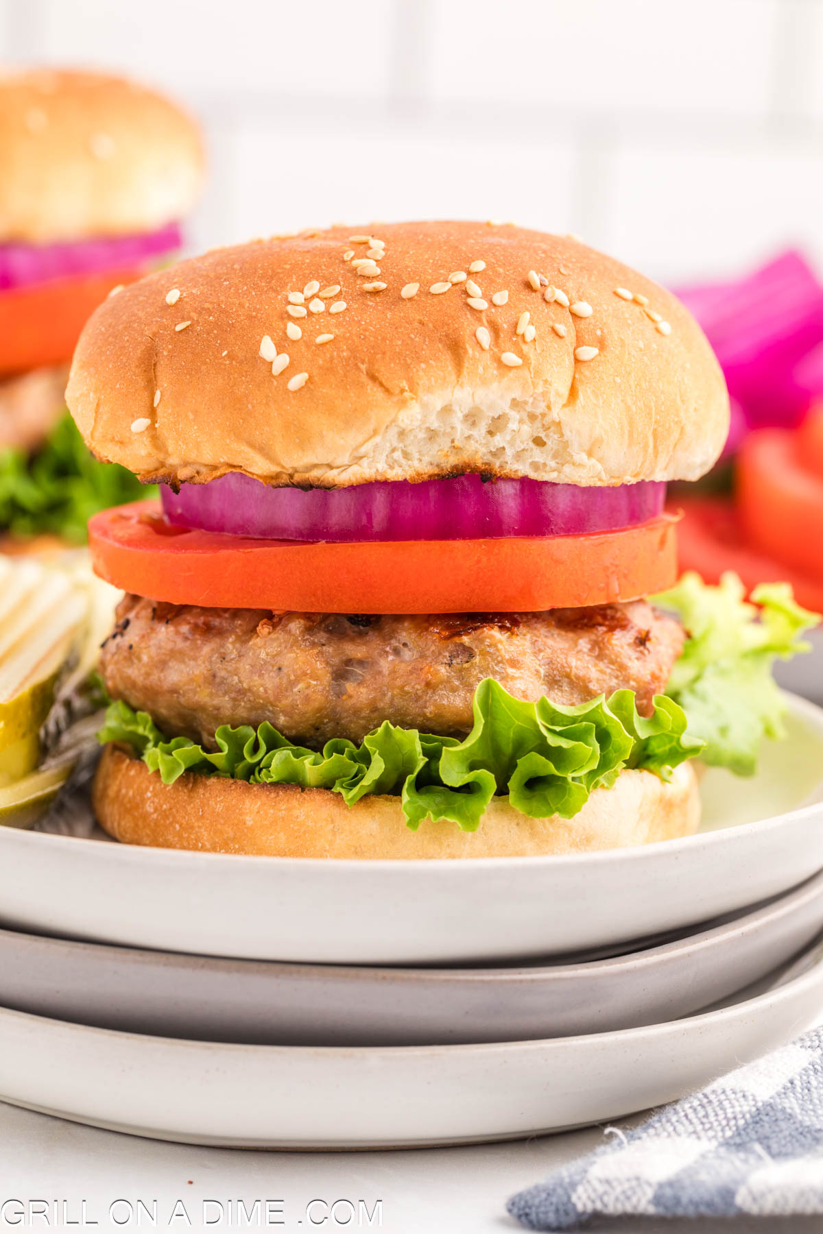 Grilled Turkey Burger with red onions, slice tomato and lettuce