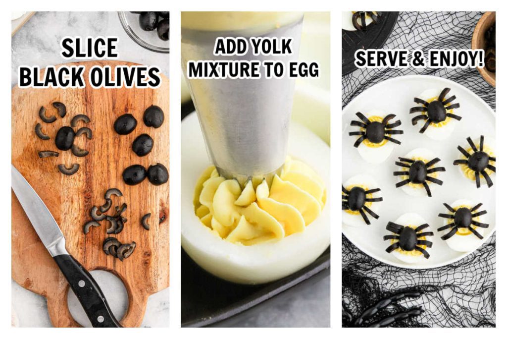 Slice black olives, fill yolk mixture and serve