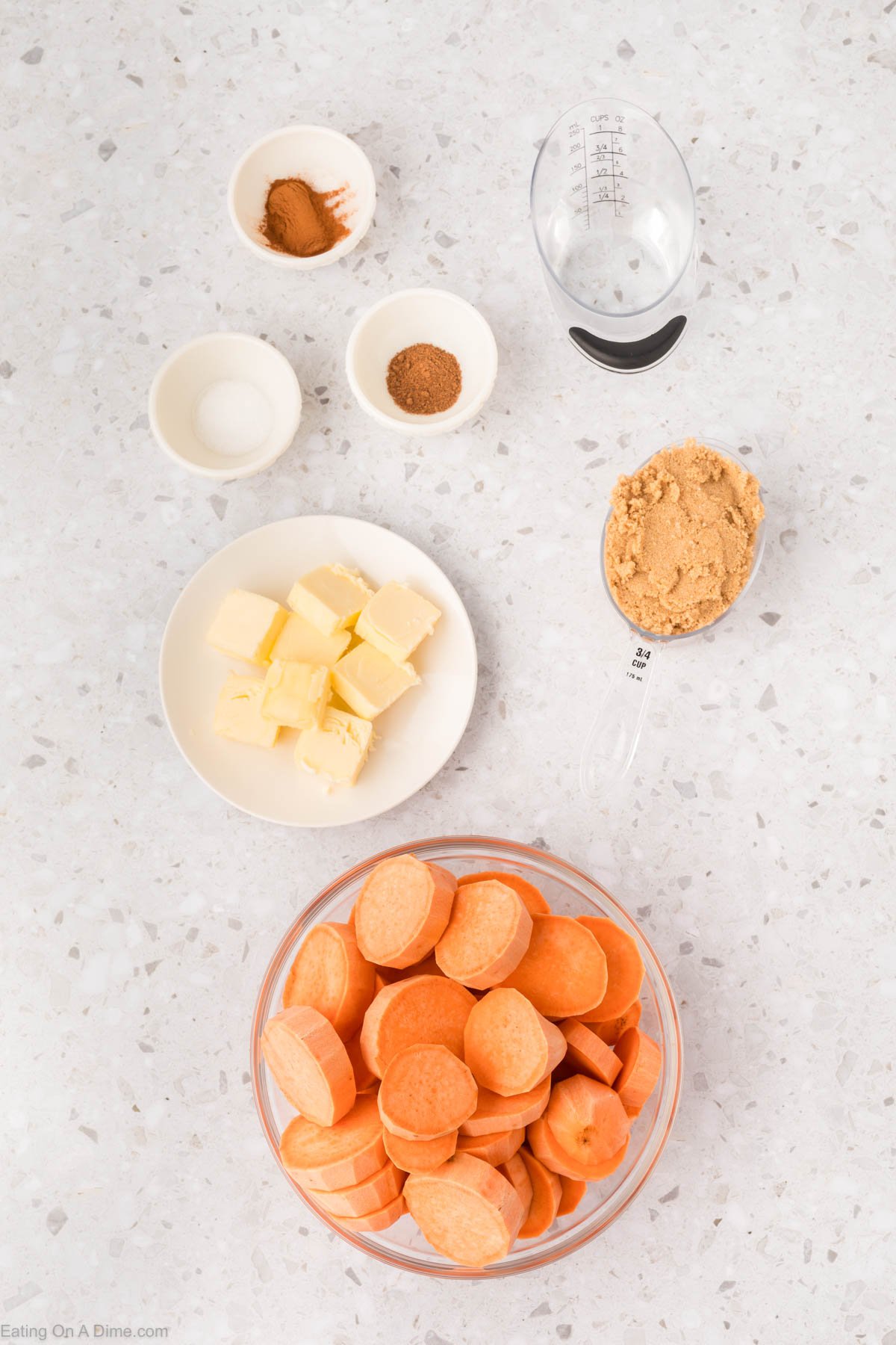 Yams, brown sugar, salt, butter, cinnamon, nutmeg, water