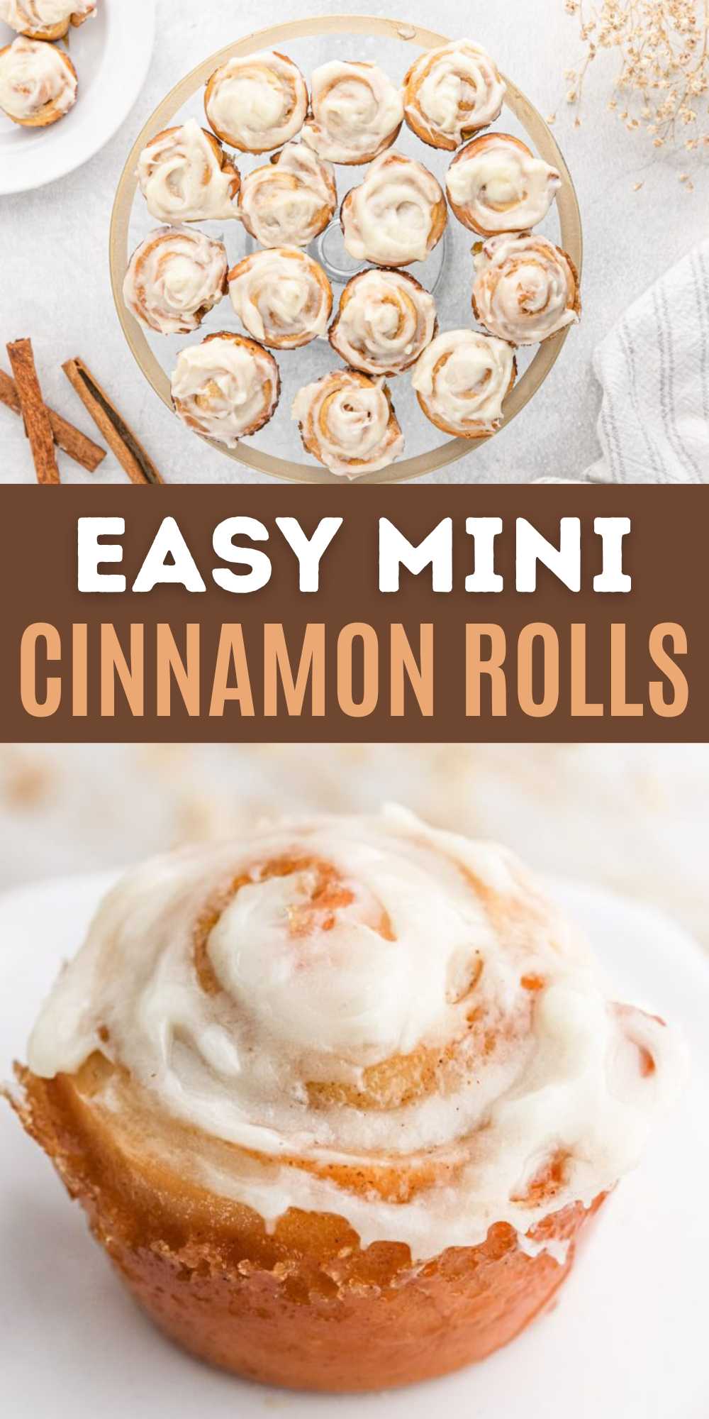 We love making Cinnamon Rolls and these Mini Cinnamon Rolls are the size. They are made from scratch and topped with a cream cheese frosting. You can't go wrong with the gooey center and the delicious frosting. The perfect cinnamon roll to make ahead of time and the fit perfectly in a mini muffin tin. #eatingonadime #minicinnamonrolls #cinnamonrolls