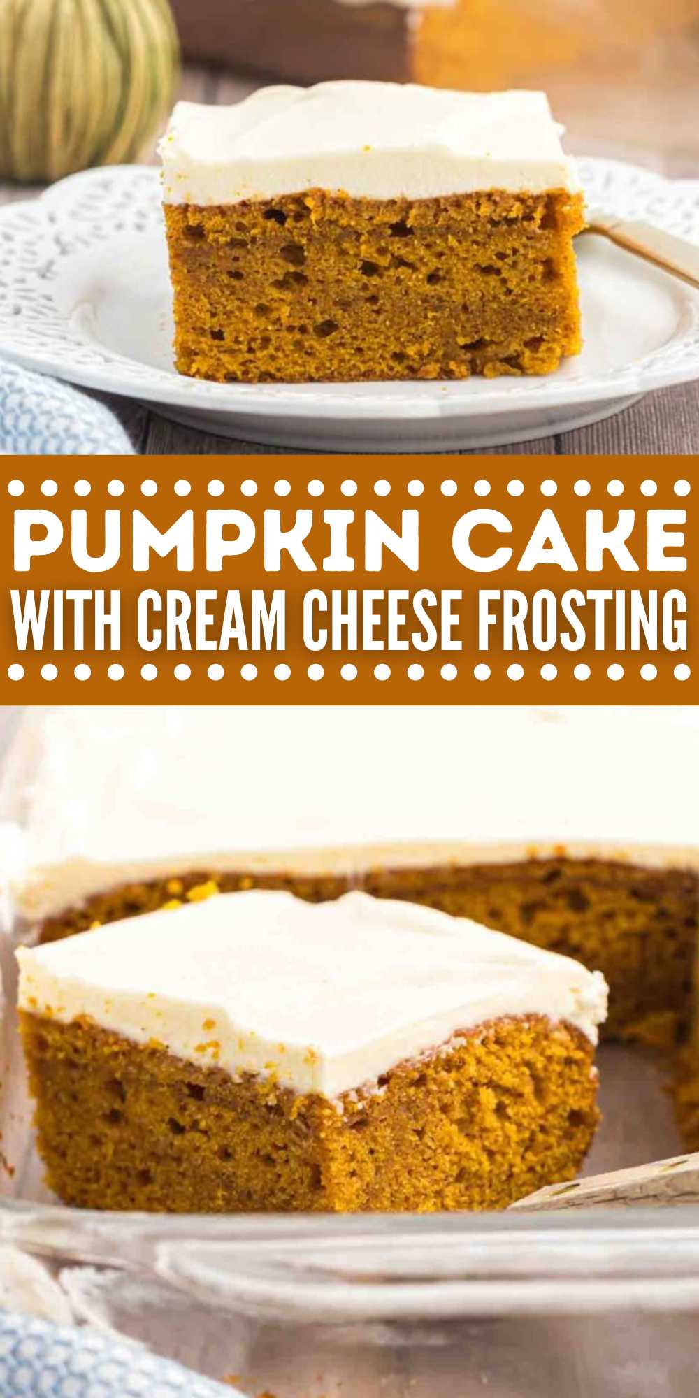 Pumpkin Cake with Cream Cheese Frosting is the best fall dessert. If you are a fan of pumpkin desserts, then you need to make this recipe.  We love pumpkin recipes and this is one of my favorites. Impress your family and friends this holiday and make this delicious dessert. #eatingonadime #pumpkincakewithcreamcheesefrosting #pumpkincake