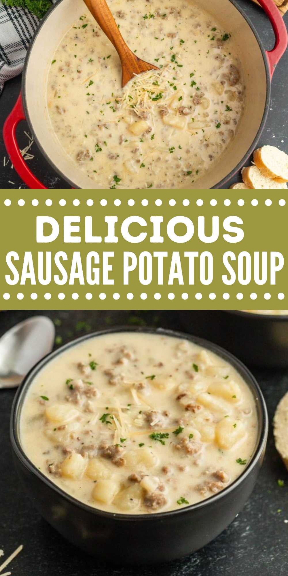 Sausage Potato Soup is hearty, creamy and delicious. The soup is perfect cooked on the stovetop but you can easily cook in your slow cooker. When serving we love to top with cheddar cheese for a delicious and creamy soup. Add some French bread for dipping to make this a complete meal idea. #eatingonadime #sausagepotatosoup #potatosouprecipe