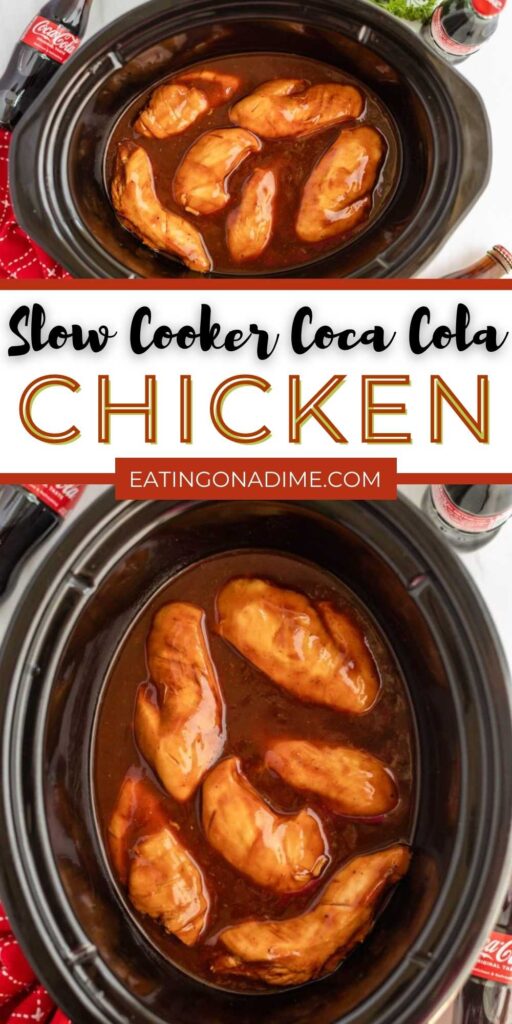 Slow Cooker Coca Cola Chicken is cooked with simple ingredients and full of flavor. The sweet and savory glaze makes the chicken delicious. The next time you are looking for a sweet and savory chicken dinner, make this slow cooker recipe. Add your favorite side dishes for a complete meal idea. #eatingonadime #slowcookercocacolachicken #cocacolachicken