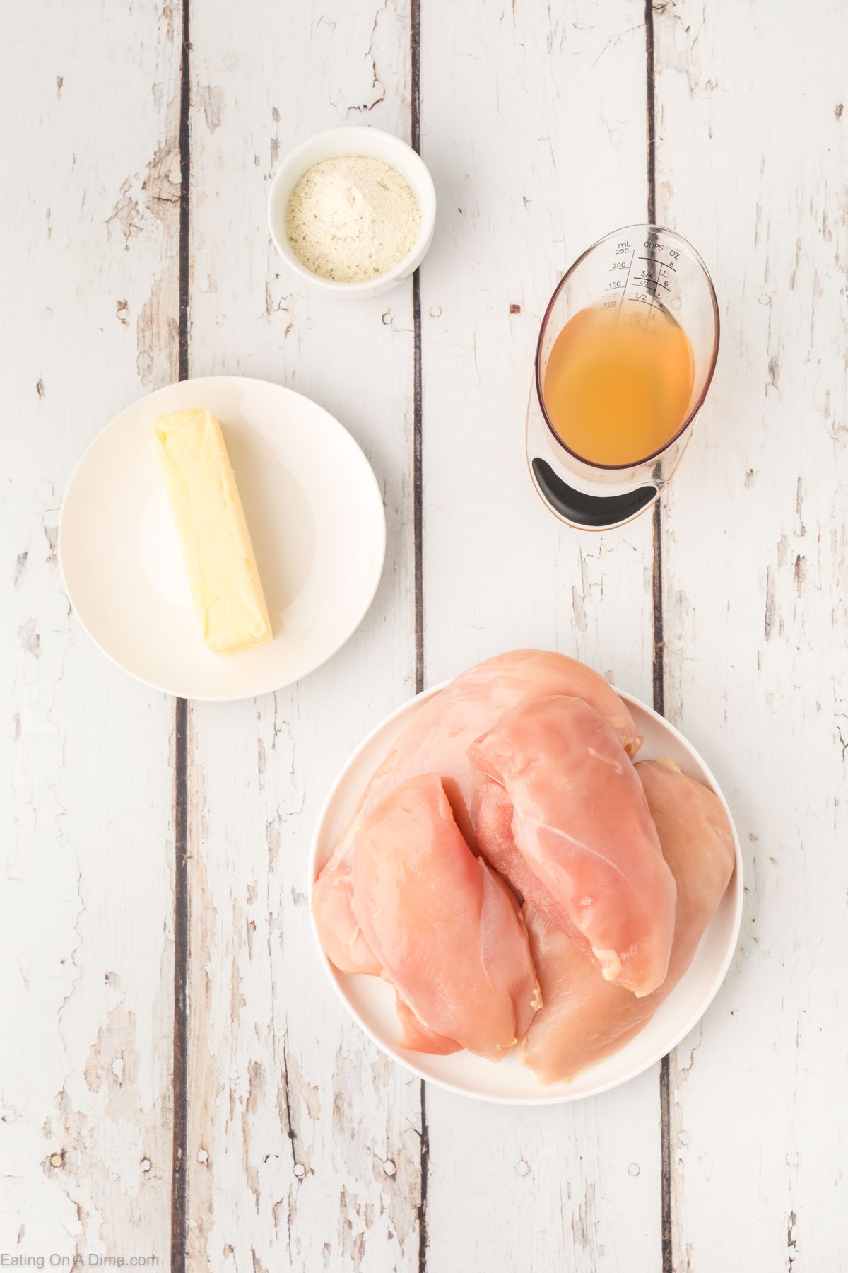 Chicken, ranch seasoning mix, chicken broth, butter