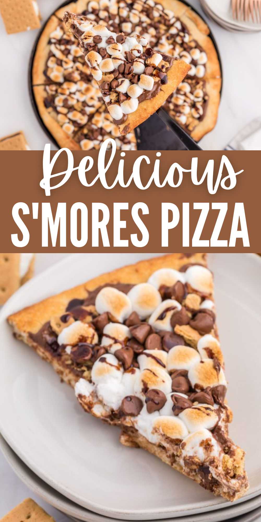S'mores Pizza is the ultimate dessert pizza. It is loaded with classic smores flavor and all baked on a pizza dough crust. This dessert is perfect for any occasion. I love to make it when the kids have their friends over as they so impressed. Feel free to make this Smores pizza your own with additional toppings. #eatingonadime #smorespizza #smores