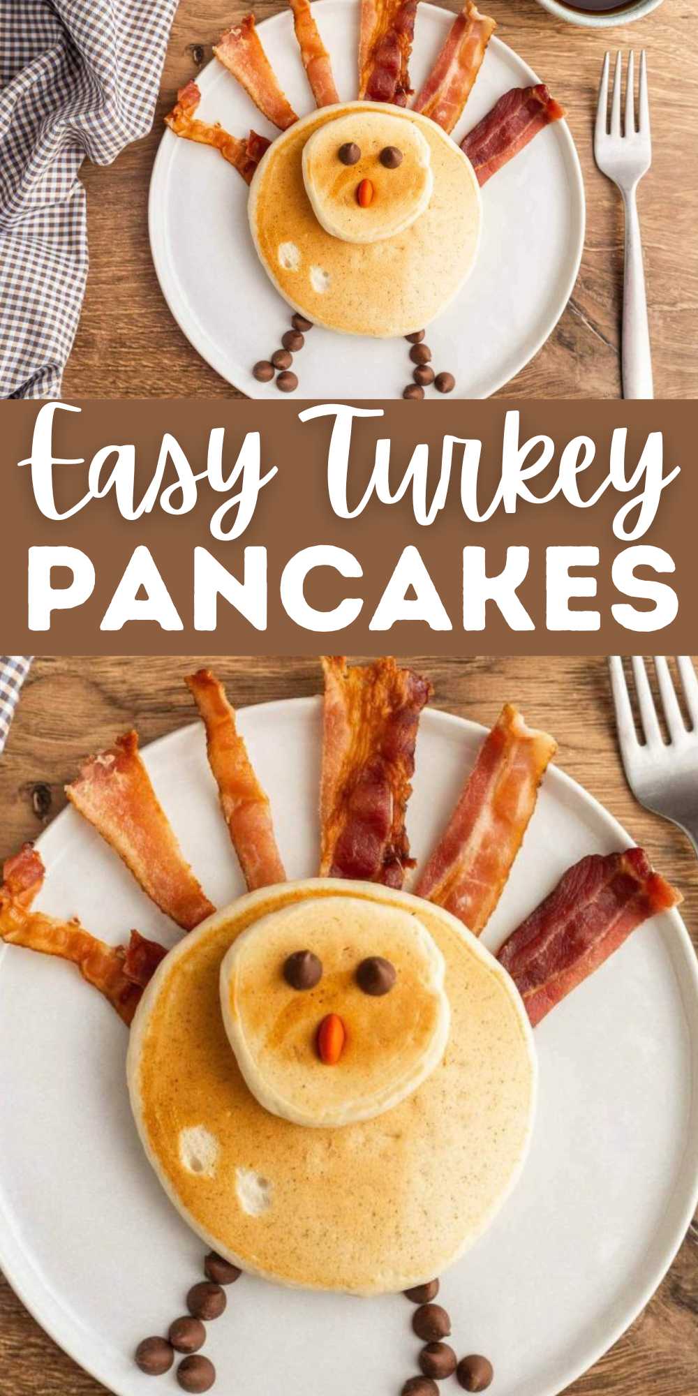 Surprise the kids on Thanksgiving Morning with these Turkey Pancakes. The perfect breakfast to serve on Thanksgiving Day. These are even perfect to serve during Christmas time. Make a new tradition this holiday and make Turkey Pancakes. They kids will decorating in a variety of ways. #eatingonadime #turkeypancakes #holidaypancakerecipe