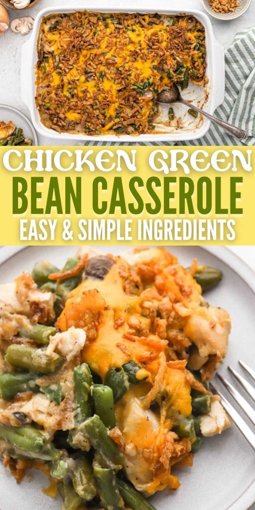 Chicken Green Bean Casserole is loaded shredded chicken, green beans and simple seasoning. Baked in a creamy sauce for a delicious casserole. If you have leftover chicken, mix it in your classic green bean casserole. Serve it with your favorite side dishes for a complete meal idea. #eatingonadime #chickengreenbeancasserole #greenbeancasserole