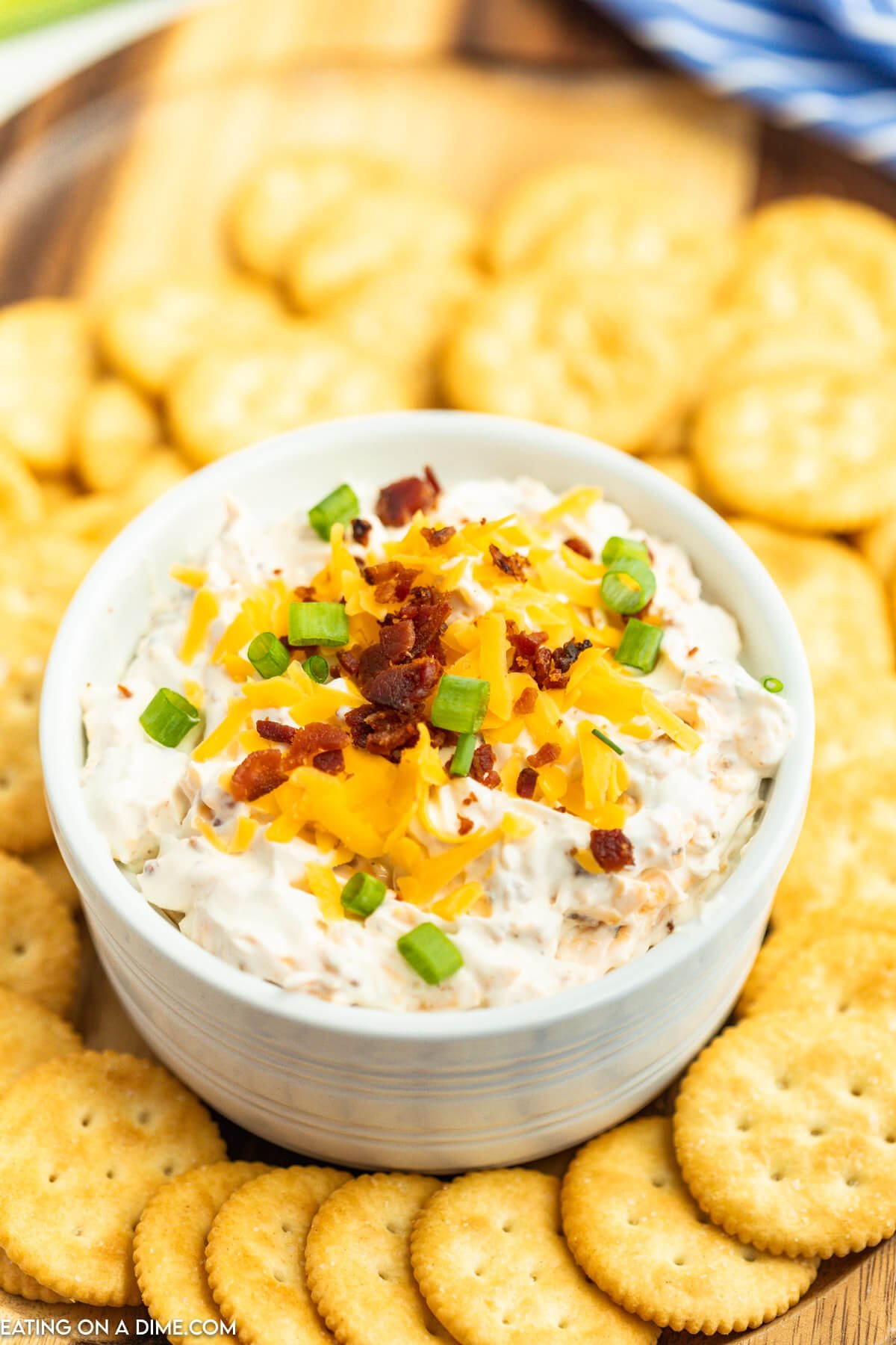 Bacon Cheddar Dip in serving bowl surrounded by crackers for dipping. 