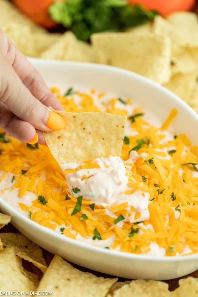 Cream Cheese Salsa Dip in a serving bowl with a chip being dipped. 