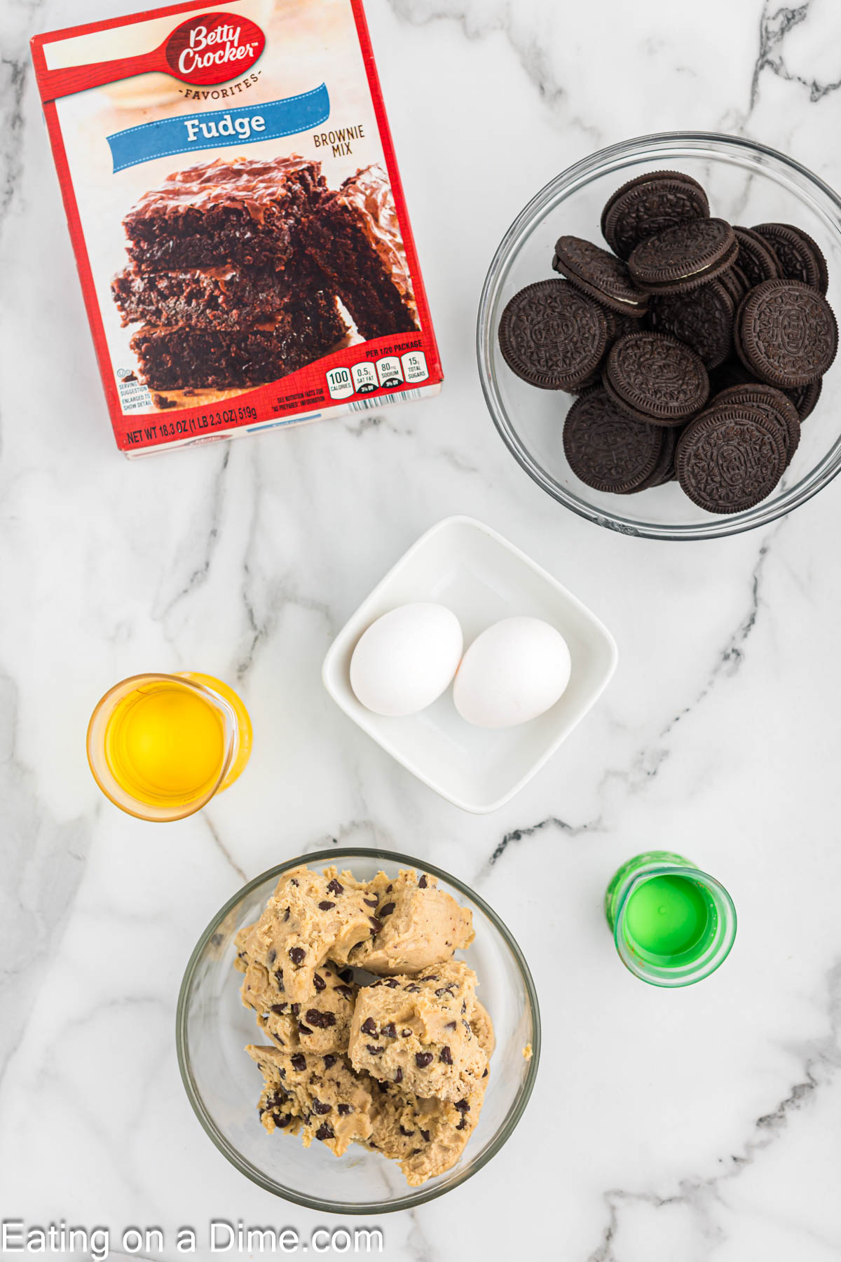 Ingredients - brownie mix, eggs, oil, water, cookie dough, Oreo Cookies