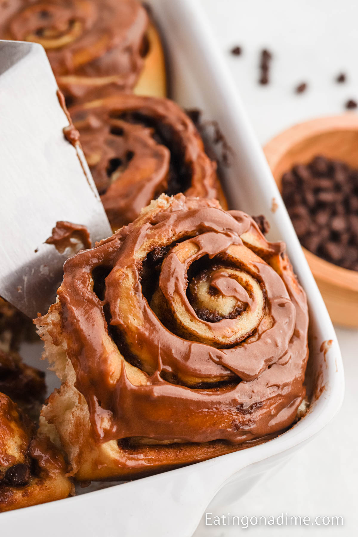 Chocolate cinnamon rolls in a baking dish