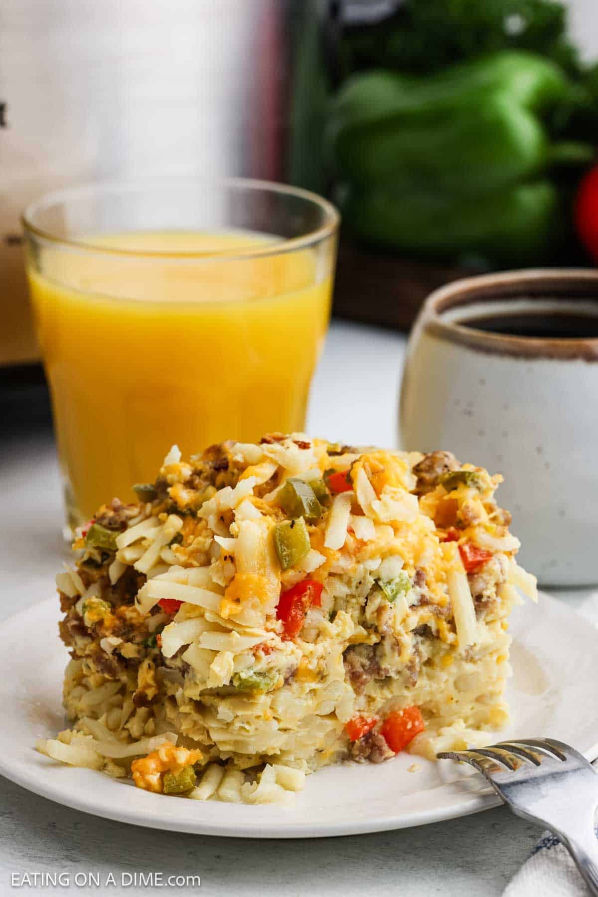 A serving of the breakfast casserole on a plate.