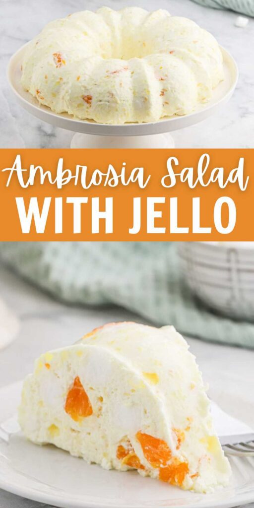 Ambrosia Salad with Jello is a classic side dish that is served at Thanksgiving and Christmas. It tastes amazing and is easy to make. You can add nuts, change the fruit or just prepare it in a bowl. No matter how you serve this dish, it is always the first to go. Make it for you next family gathering for a classic dish. #eatingonadime #ambrosiasaladwithjello #ambrosiasalad