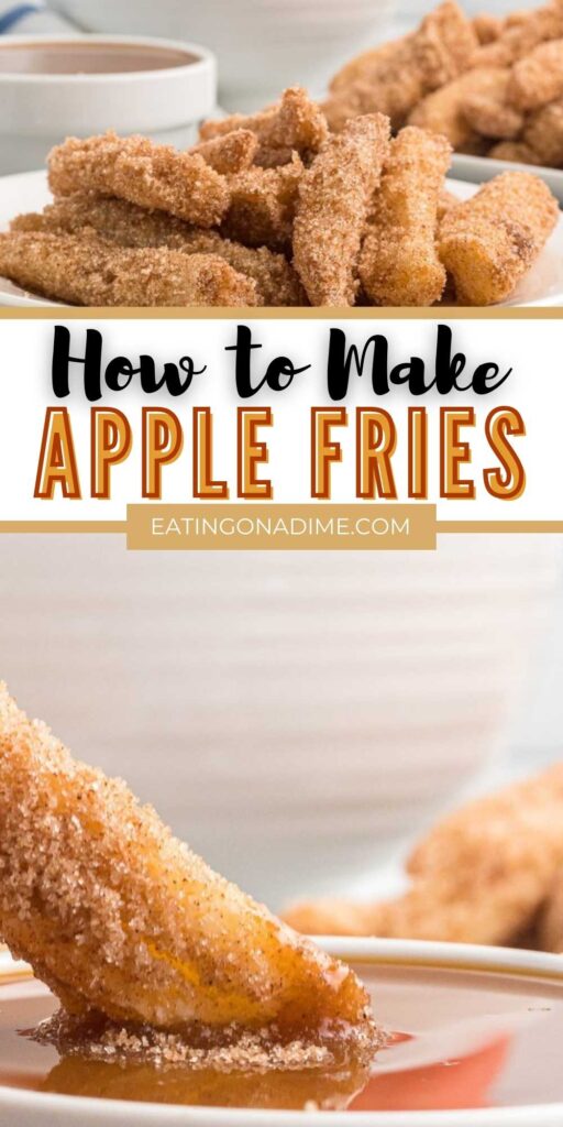These Apple Fries is the perfect dessert or snack. Apple wedges are dipped into a cinnamon sugar mixture and then fried for amazing flavor. These apple fries are delicious served with a caramel dip or vanilla ice cream. We have even topped with whipped cream for a last minute snack. #eatingonadime #applefries #snack #cinnamonandsugar