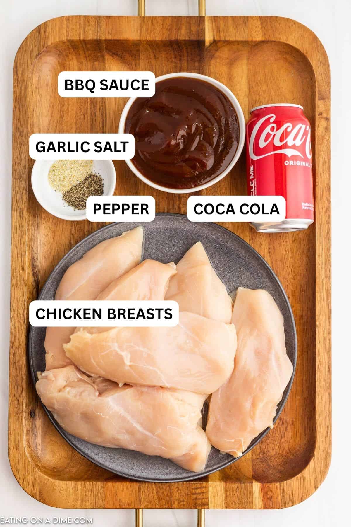 Ingredients needed for this recipe includes Chicken, pepper, garlic salt, BBQ sauce, Coca Cola.