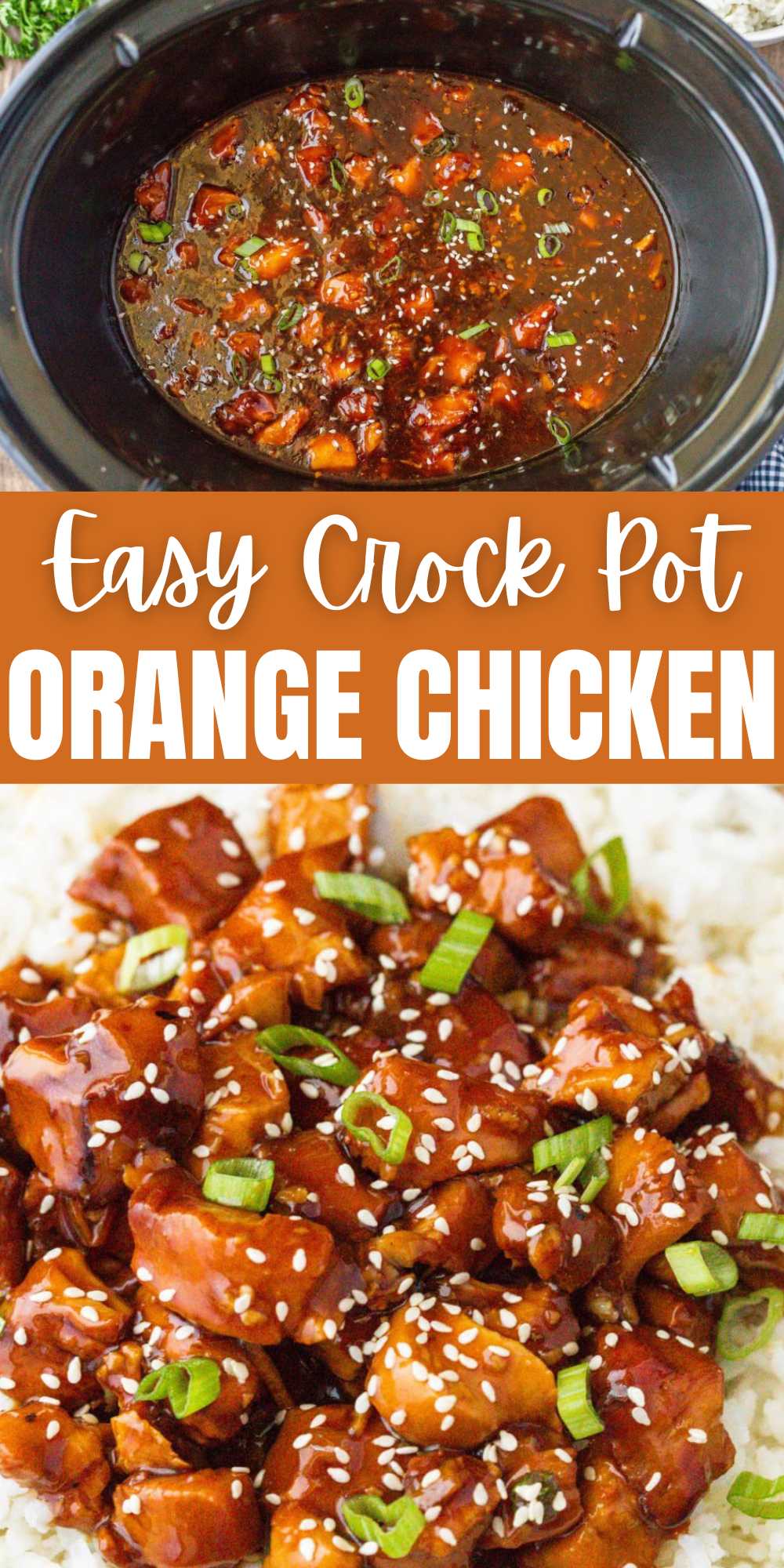 Enjoy delicious Crockpot orange chicken and its thick sweet and savory sauce. Save time and money and enjoy this chicken recipe at home. Skip Panda Express takeout and make this delicious recipe at home. The chicken cooks tender and the perfect dish to serve over rice for a complete meal. #eatingonadime #crockpotorangechicken #orangechicken