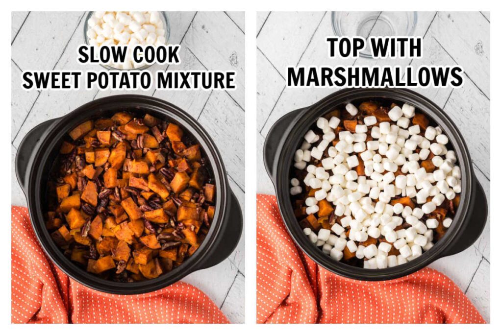 Cooking the sweet potato mixture and then topping with marshmallows
