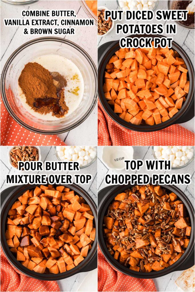 The process of mixing butter mixture, placing sweet potatoes in crock pot and topping with butter mixture and pecans