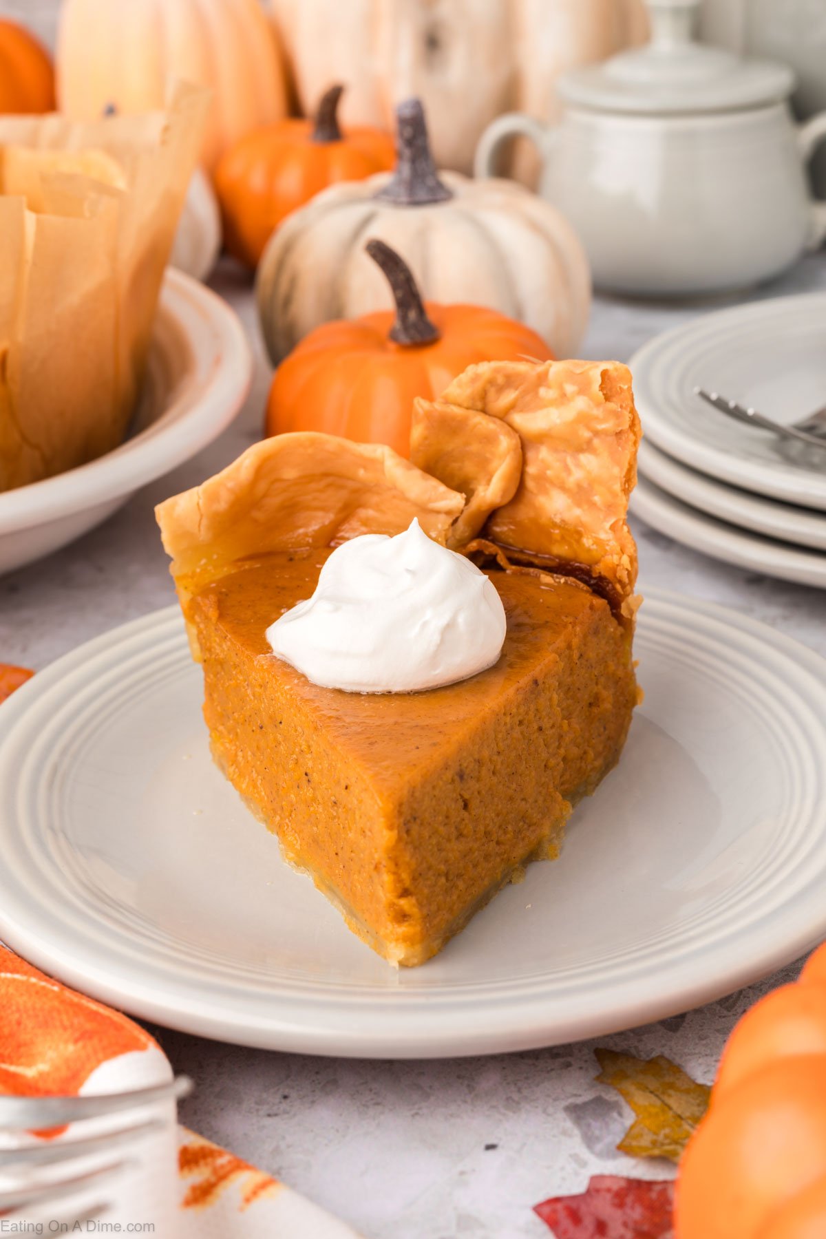 Slice of pumpkin pie on a plate with a dollop of cool whip