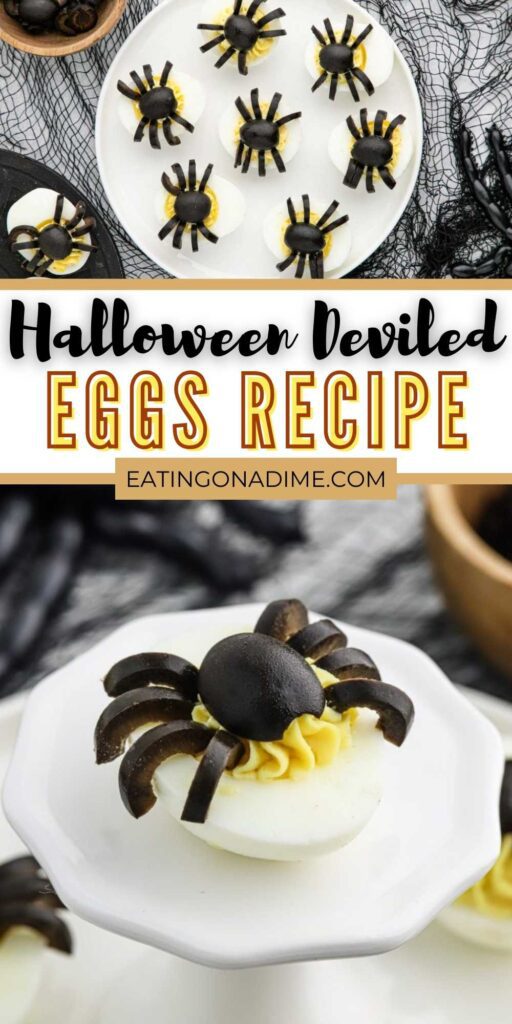 Halloween Deviled Eggs is a spooky way to make your favorite deviled eggs recipe. The spider bodies are festive and perfect for your parties. Make this easy Halloween appetizers for a twist on your deviled egg recipe. Skip the sweet treats this year and make this Halloween treats. #eatingonadime #halloweendeviledeggs #deviledeggs