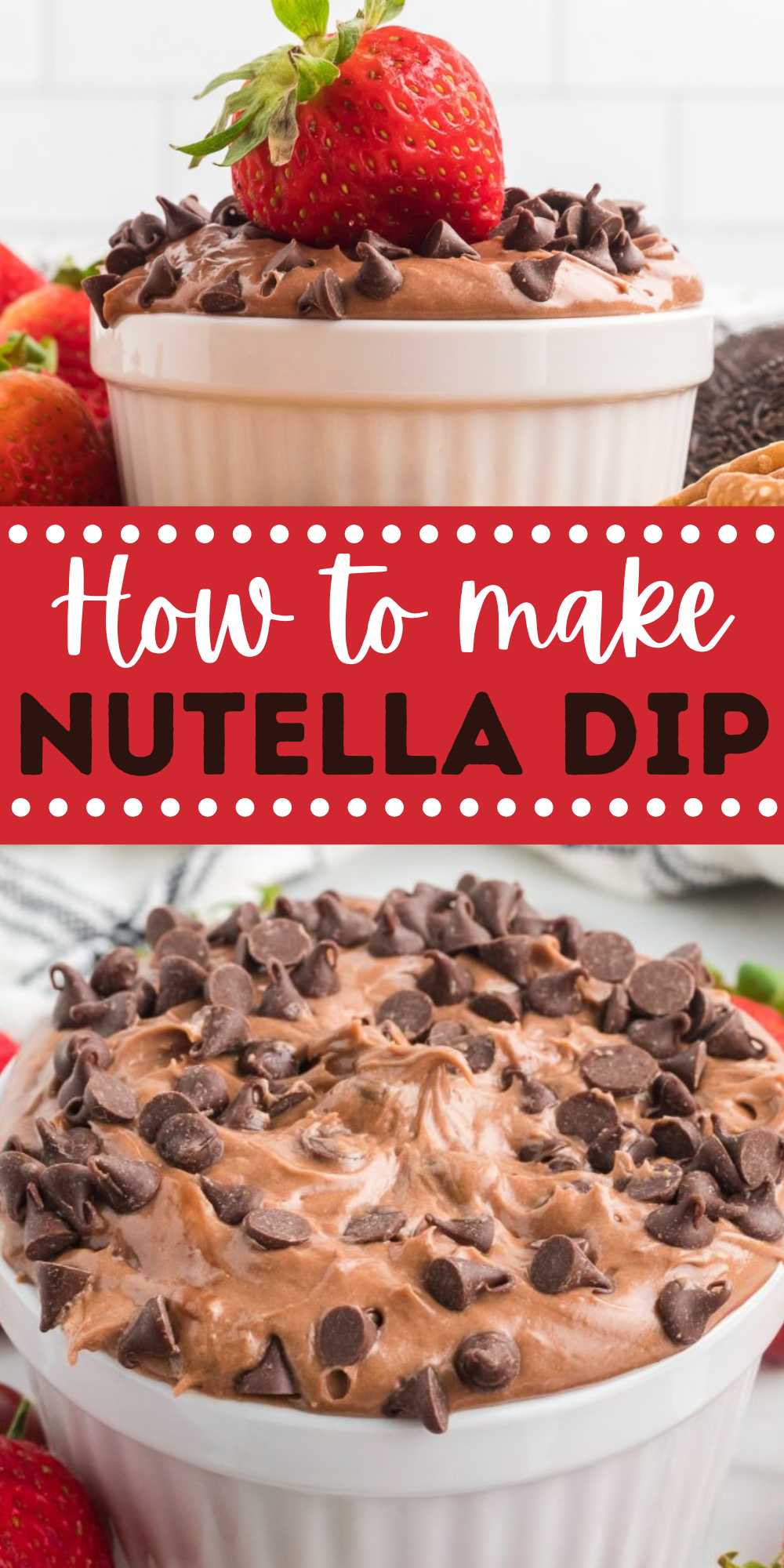 If your kids love Nutella, then you need to make this Nutella Dip. It is creamy, delicious and perfect served with fruit and cookies. The next time you are at the grocery store, grab these simple ingredients to make this dip. You will love the flavor and the different things you can dip into it. #eatingonadime #nutelladip #nutella