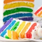 A slice of Rainbow Cake, featuring six vibrant layers—purple, blue, green, yellow, orange, and red—separated by white frosting, sits on a plate in front of the rest of the cake.