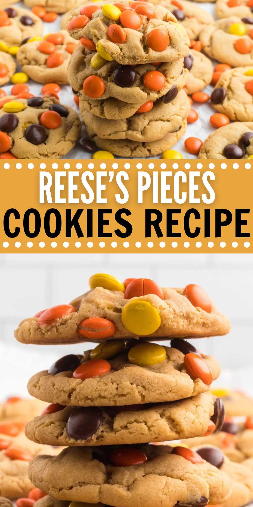 Reese's Pieces Cookies is a delicious peanut butter flavor cookies. They are soft, delicious and easy to make with simple ingredients. If you are looking for the perfect holiday cookie, these Reese's Pieces Cookies are the one to make. You can easily add in chocolate chips or white chocolate chips for added flavor and texture. #eatingonadime #reesespiecescookies #reesespieces