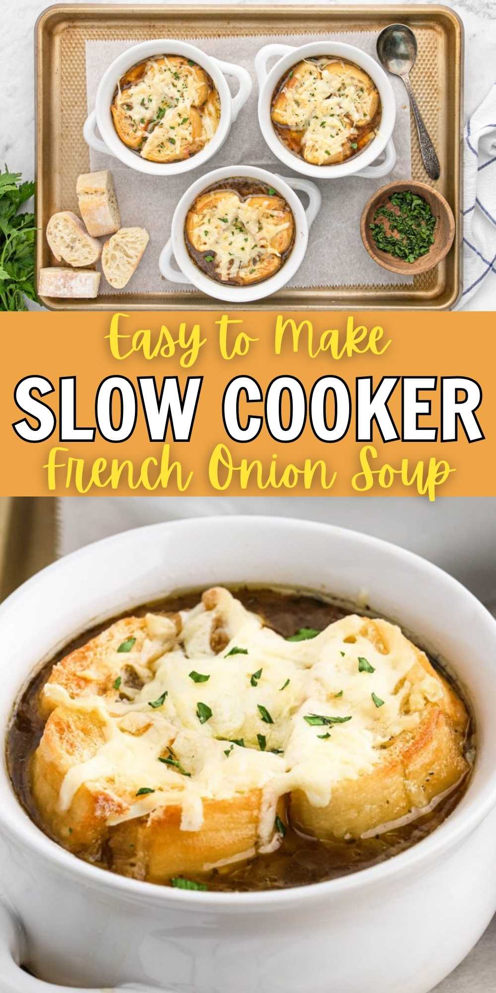 Crockpot French Onion Soup is easy to make and everyone will love the rich broth. Each bowl is topped with a cheesy baguette slice. We love that the slow cooker does all the work to create one of my favorite soup recipes. Serve with a side salad or roasted vegetable for a delicious meal idea. #eatingonadime #slowcookerfrenchonionsoup #frenchonionsoup